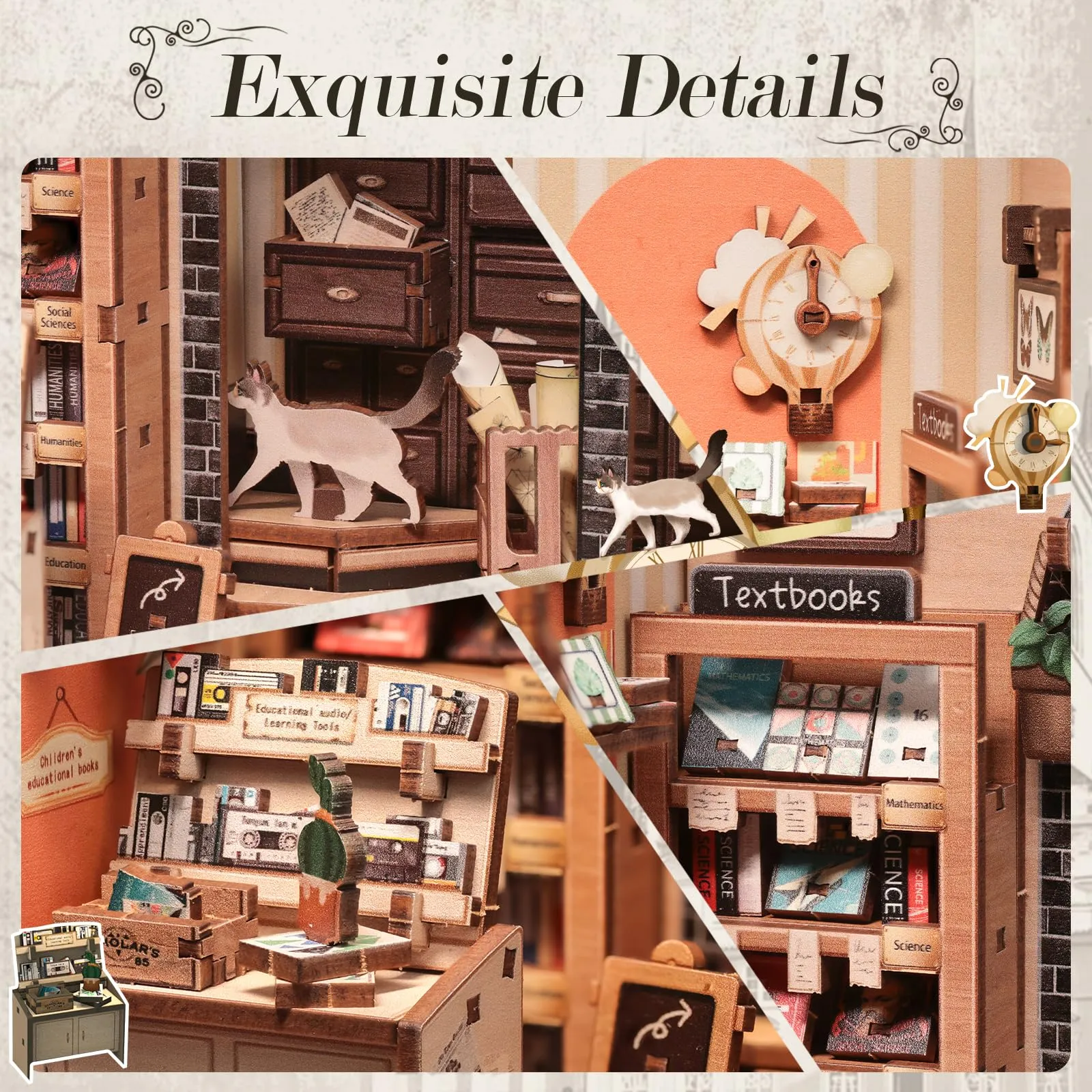 CUTEBEE Kit Book Nook per Adulti, Casa Prefabbricata di Legno con Luci LED, Puzzle 3D e Supporto Libri, The Scholar's Bookstore - immagine 4