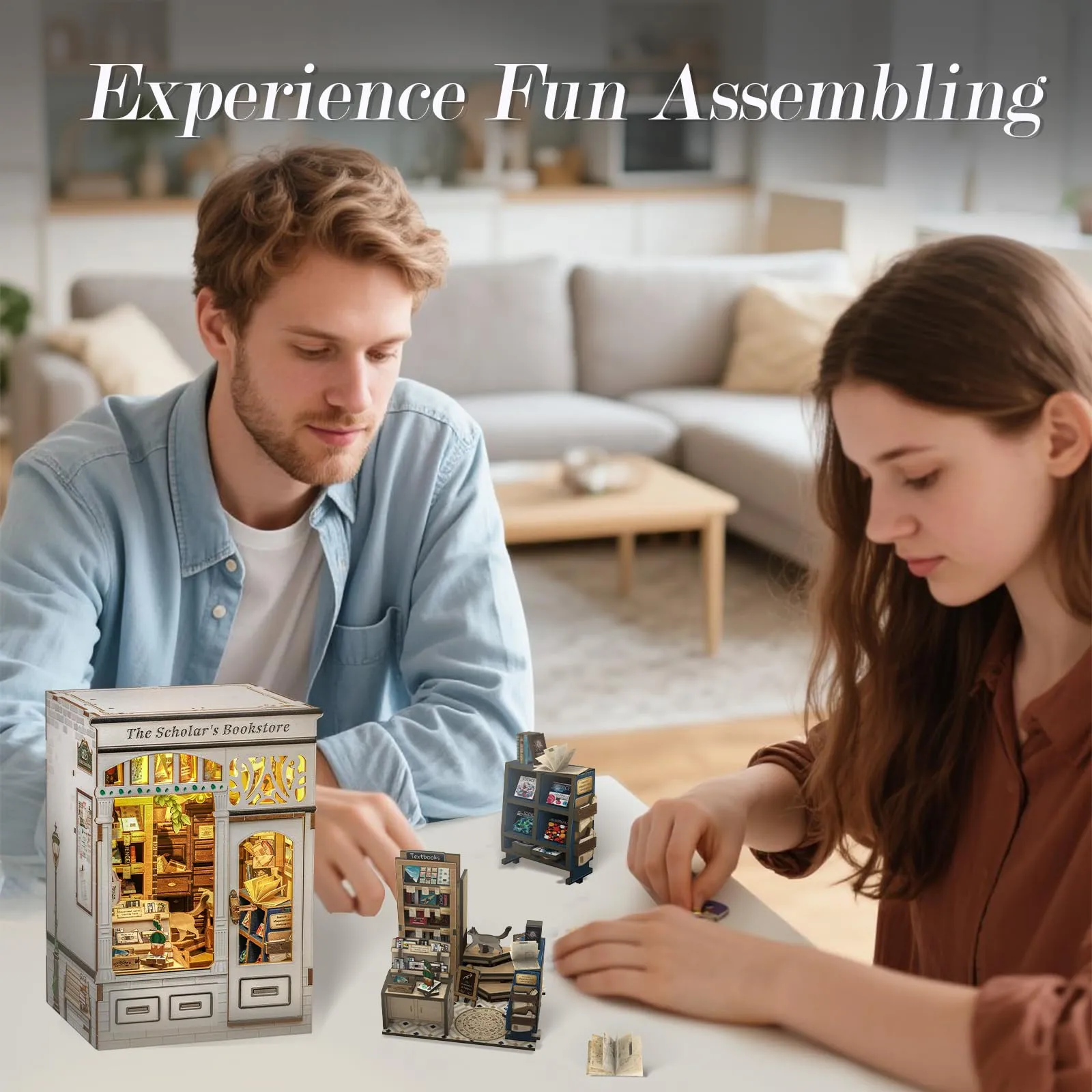 CUTEBEE Kit Book Nook per Adulti, Casa Prefabbricata di Legno con Luci LED, Puzzle 3D e Supporto Libri, The Scholar's Bookstore - immagine 5