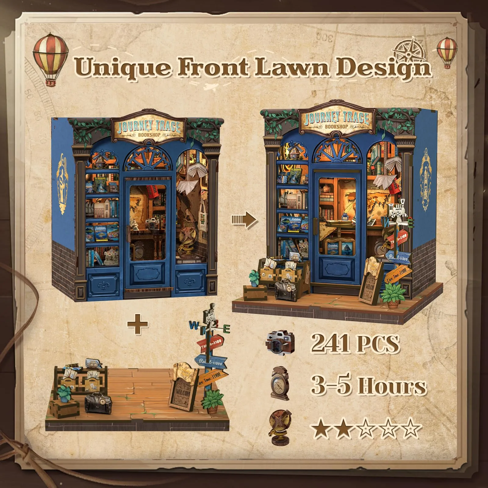 CUTEBEE Journey Trace Book Nook Kit, 3D Wooden Puzzle Miniature Dollhouse Library Decoration Set - immagine 3