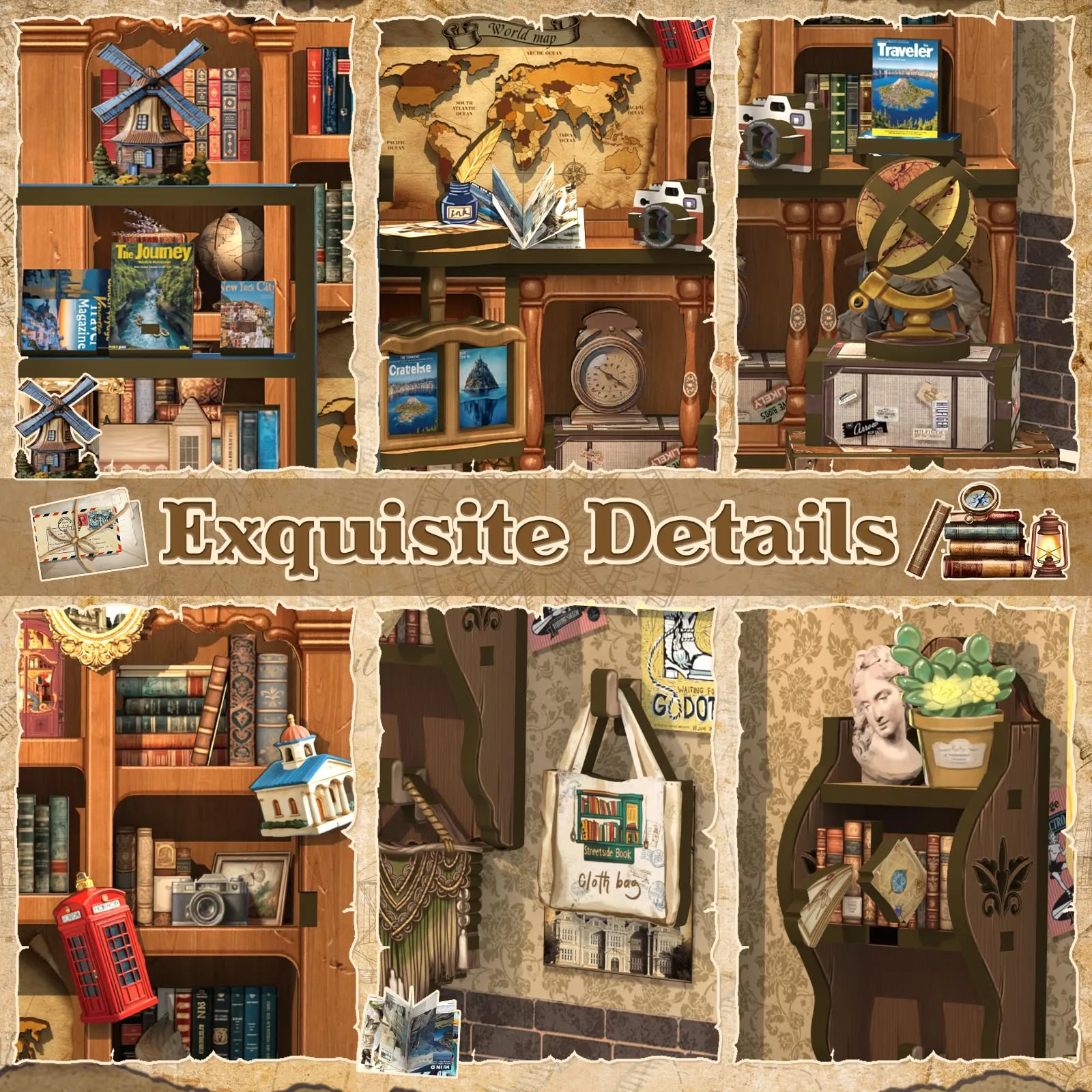 CUTEBEE Journey Trace Book Nook Kit, 3D Wooden Puzzle Miniature Dollhouse Library Decoration Set - immagine 4