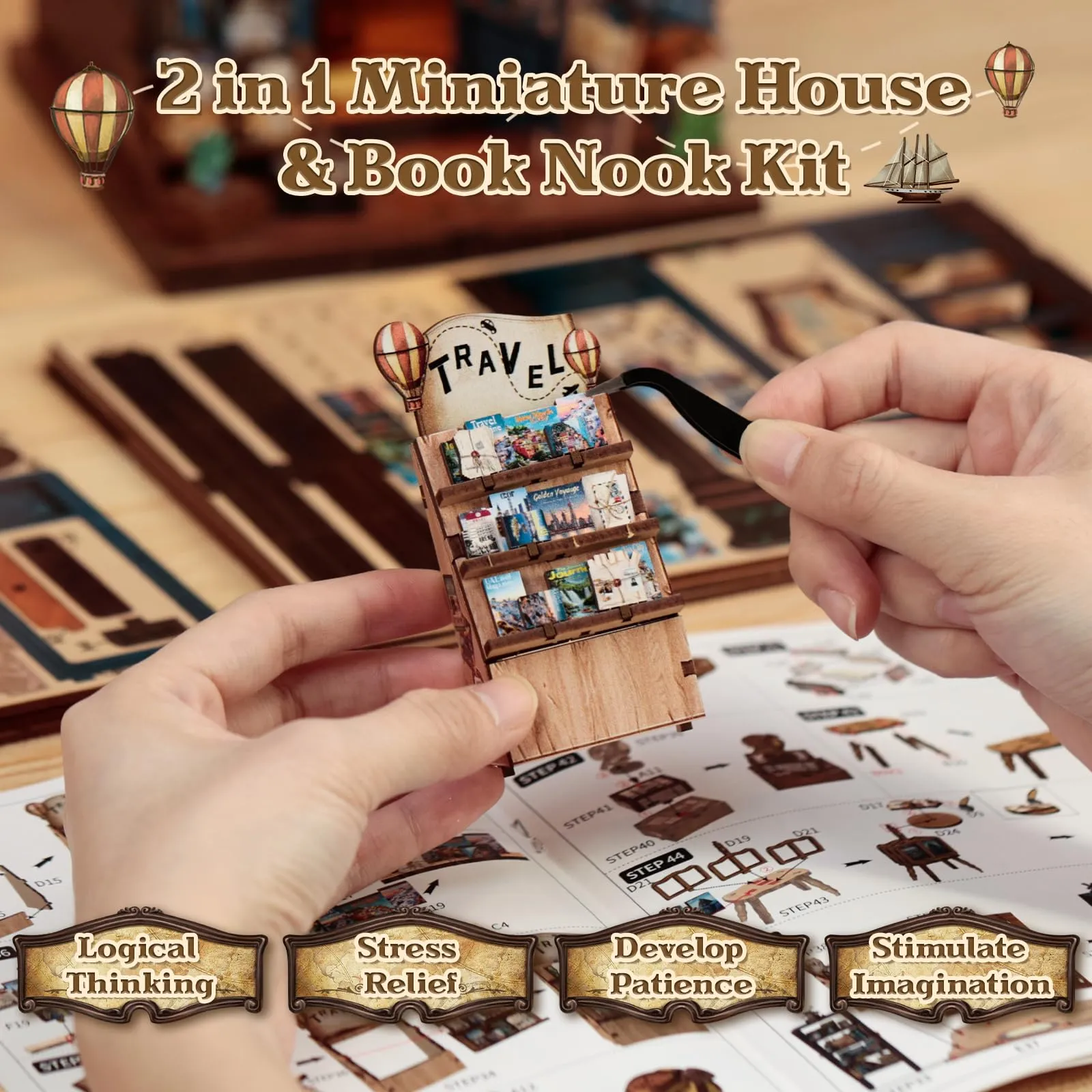 CUTEBEE Journey Trace Book Nook Kit, 3D Wooden Puzzle Miniature Dollhouse Library Decoration Set - immagine 5