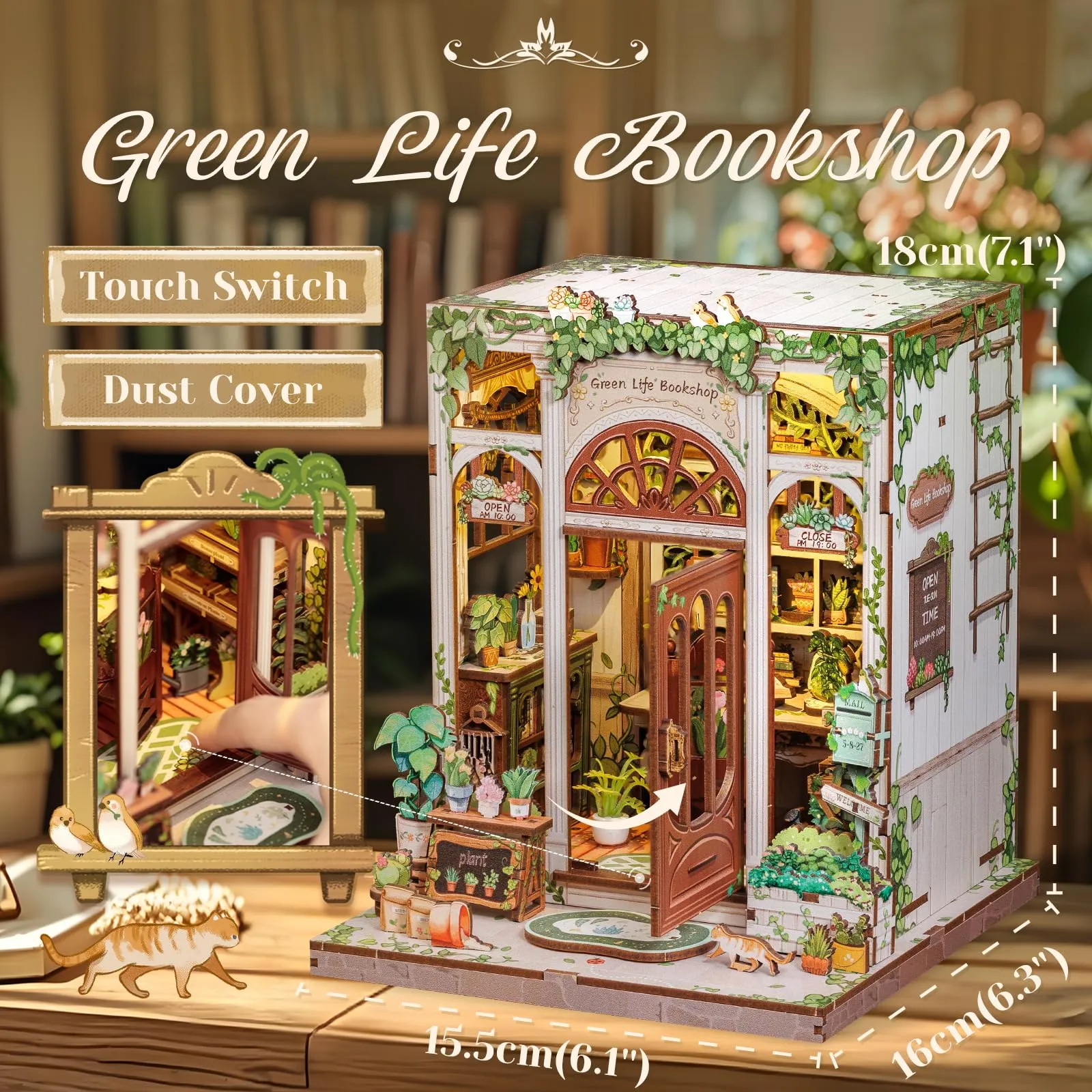 CUTEBEE Book Nook DIY Miniature Kit Green Life Bookshop with LED Light and Dust Cover - immagine 2