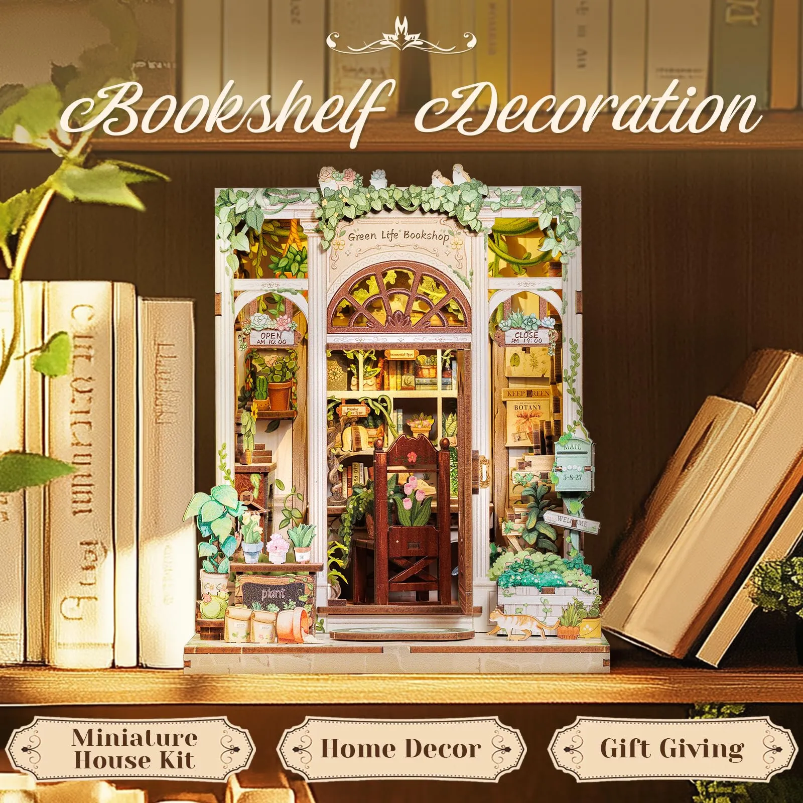 CUTEBEE Book Nook DIY Miniature Kit Green Life Bookshop with LED Light and Dust Cover - immagine 4