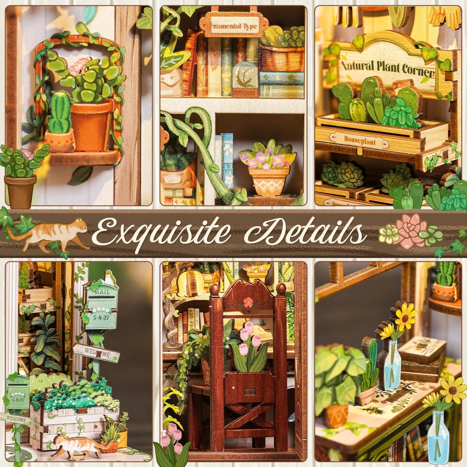 CUTEBEE Book Nook DIY Miniature Kit Green Life Bookshop with LED Light and Dust Cover - immagine 5