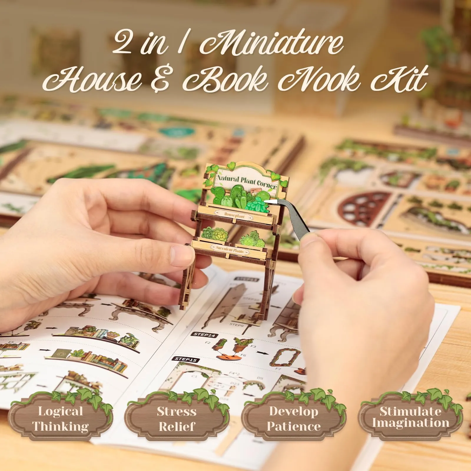 CUTEBEE Book Nook DIY Miniature Kit Green Life Bookshop with LED Light and Dust Cover - immagine 6