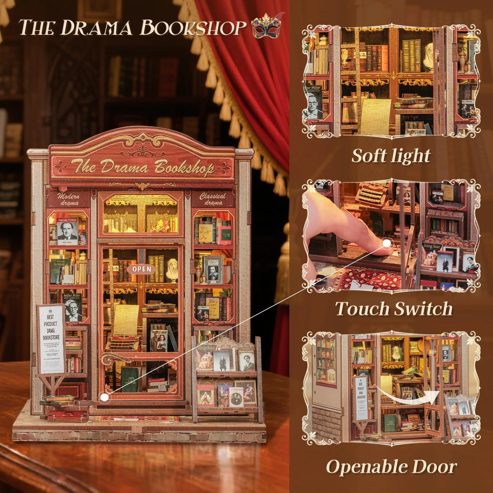 CUTEBEE Book Nook Kit The Drama Bookshop 3D Wooden Puzzle Miniature House DIY Kit - immagine 3