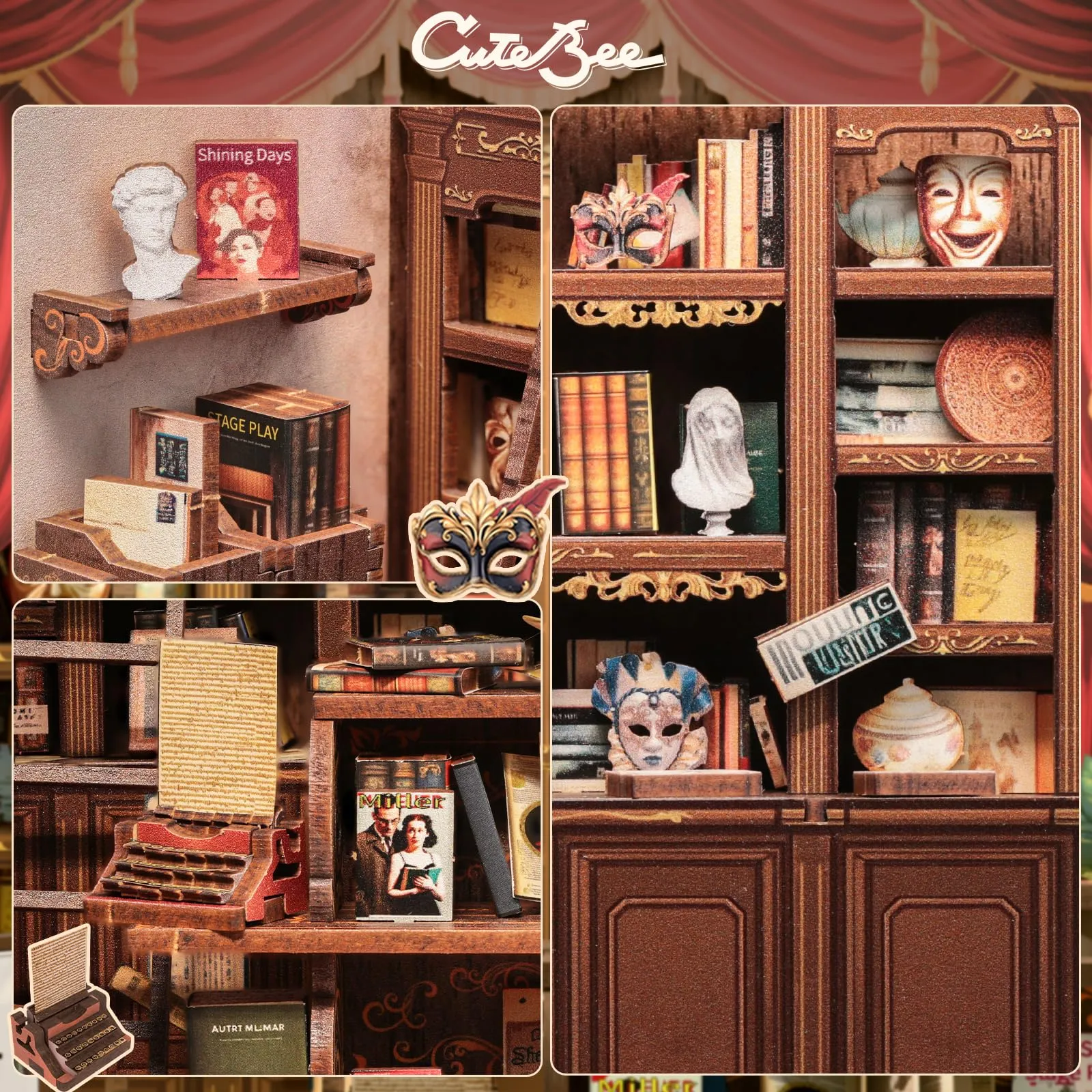 CUTEBEE Book Nook Kit The Drama Bookshop 3D Wooden Puzzle Miniature House DIY Kit - immagine 4