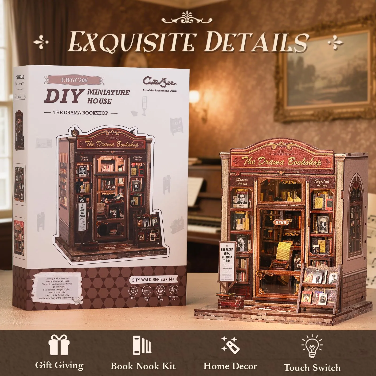 CUTEBEE Book Nook Kit The Drama Bookshop 3D Wooden Puzzle Miniature House DIY Kit - immagine 5
