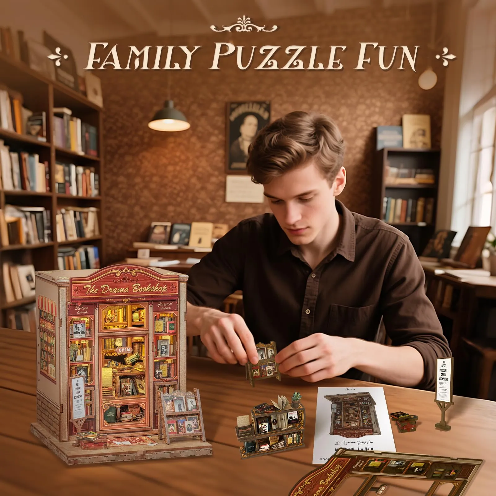CUTEBEE Book Nook Kit The Drama Bookshop 3D Wooden Puzzle Miniature House DIY Kit - immagine 6