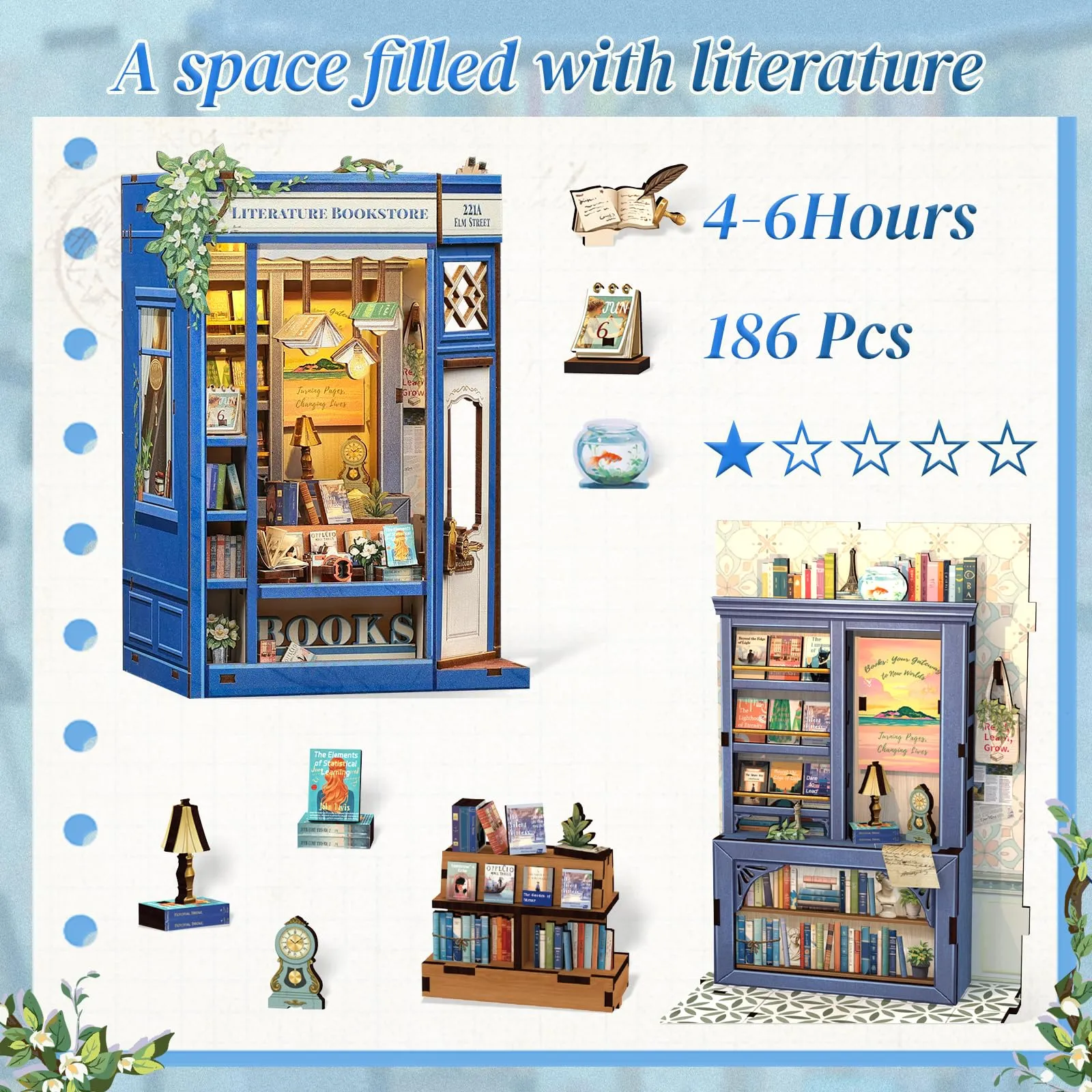 CUTEBEE Book Nook Kit, Literature Bookstore DIY Miniature Dollhouse with LED Lights, 1:20 Scale - immagine 3