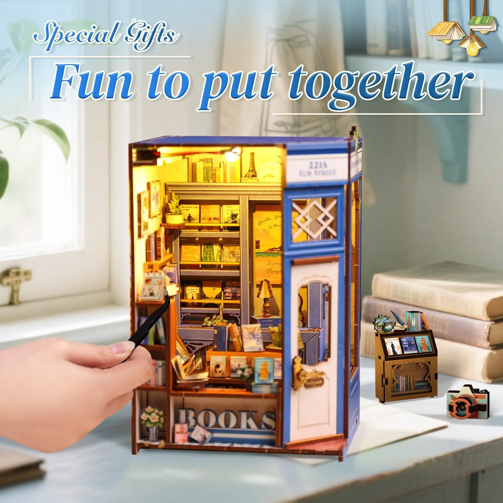 CUTEBEE Book Nook Kit, Literature Bookstore DIY Miniature Dollhouse with LED Lights, 1:20 Scale - immagine 4