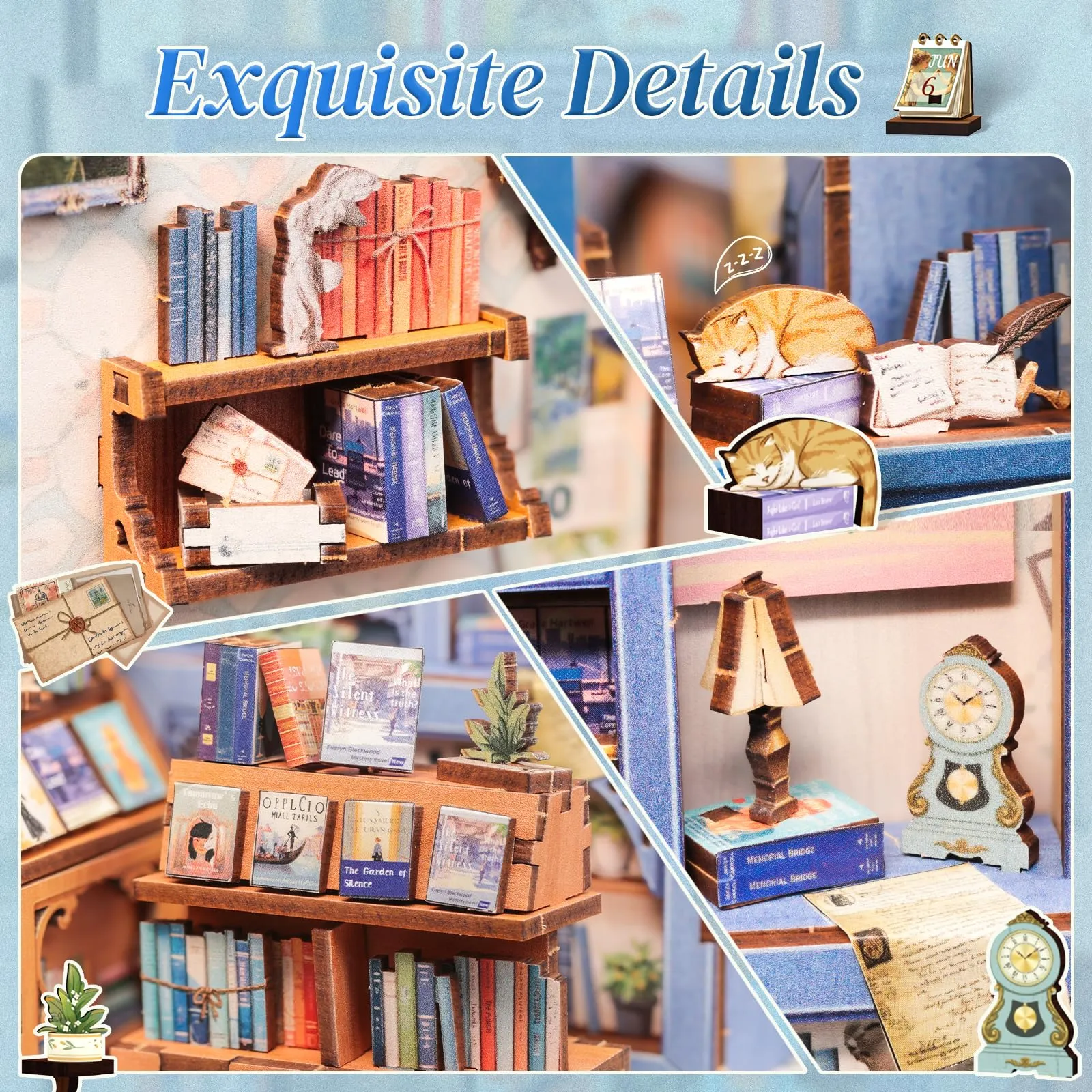 CUTEBEE Book Nook Kit, Literature Bookstore DIY Miniature Dollhouse with LED Lights, 1:20 Scale - immagine 5