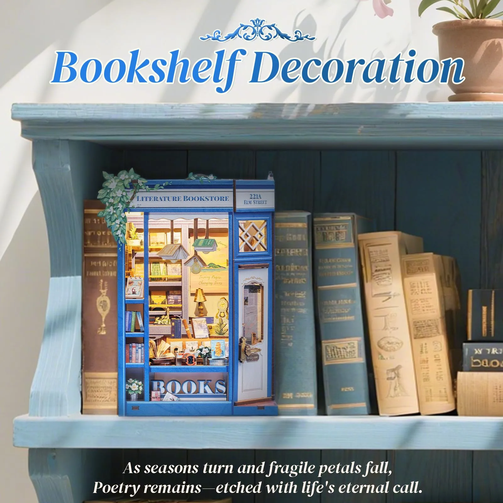 CUTEBEE Book Nook Kit, Literature Bookstore DIY Miniature Dollhouse with LED Lights, 1:20 Scale - immagine 7