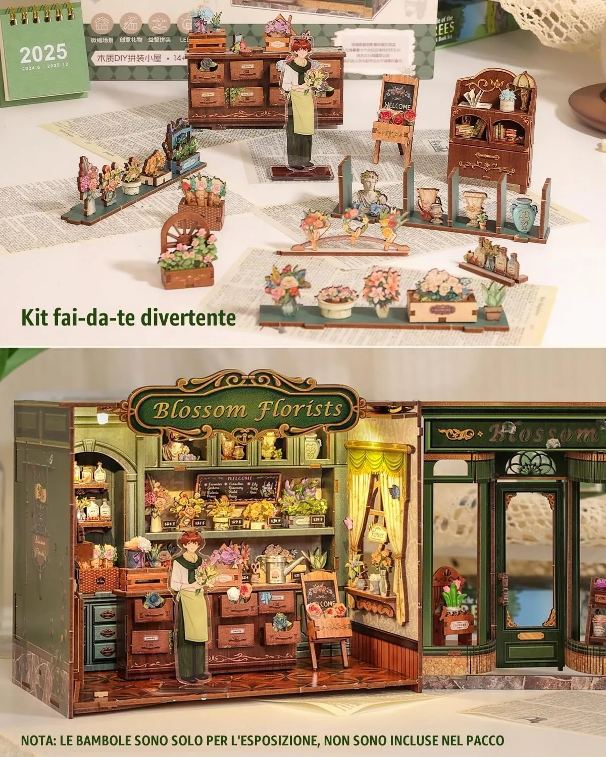 CUTEBEE Blossom Florists Book Nook DIY Miniature House Kit with LED Lights, 3D Wooden Puzzle for Adults, 1:12 Scale - immagine 2