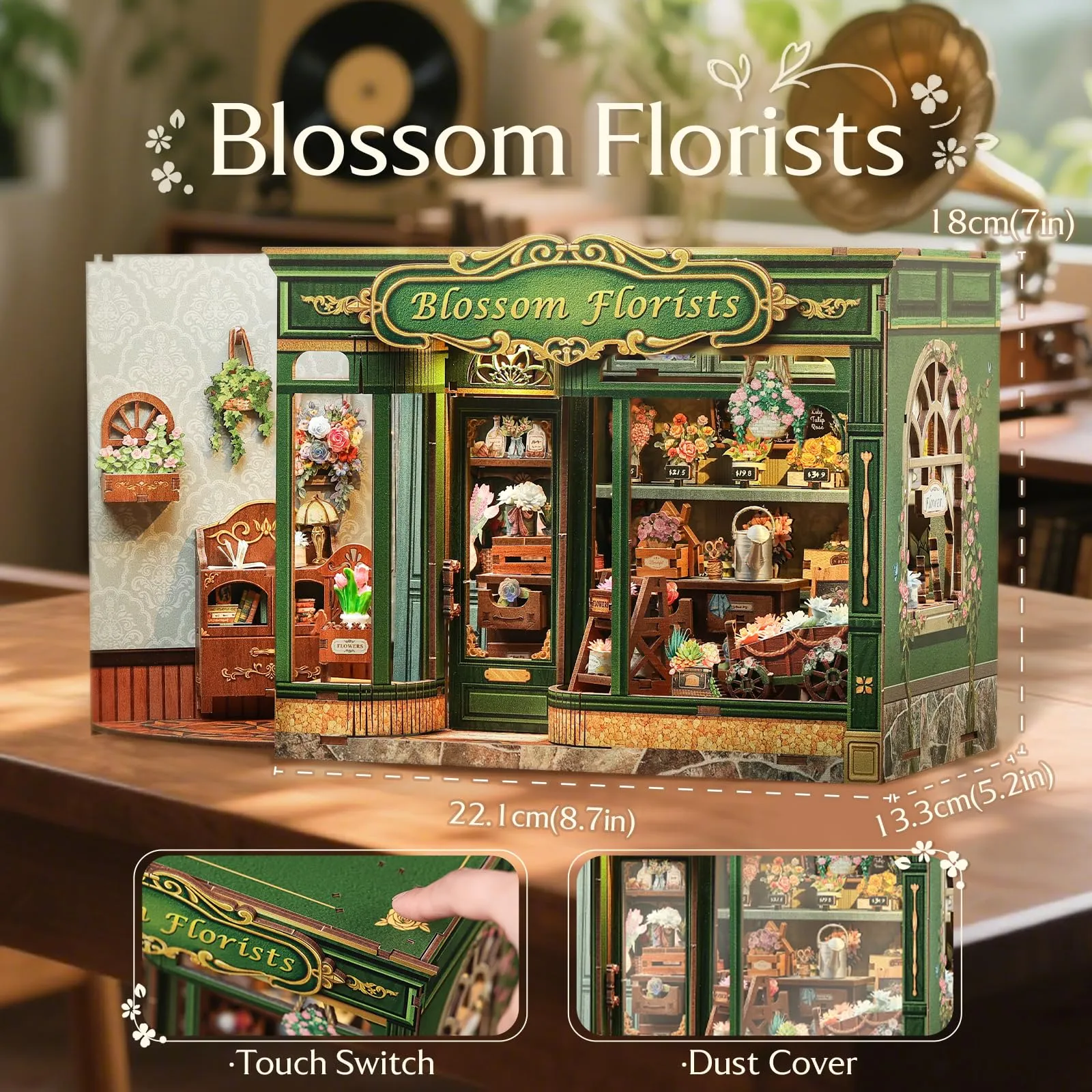 CUTEBEE Blossom Florists Book Nook DIY Miniature House Kit with LED Lights, 3D Wooden Puzzle for Adults, 1:12 Scale - immagine 3