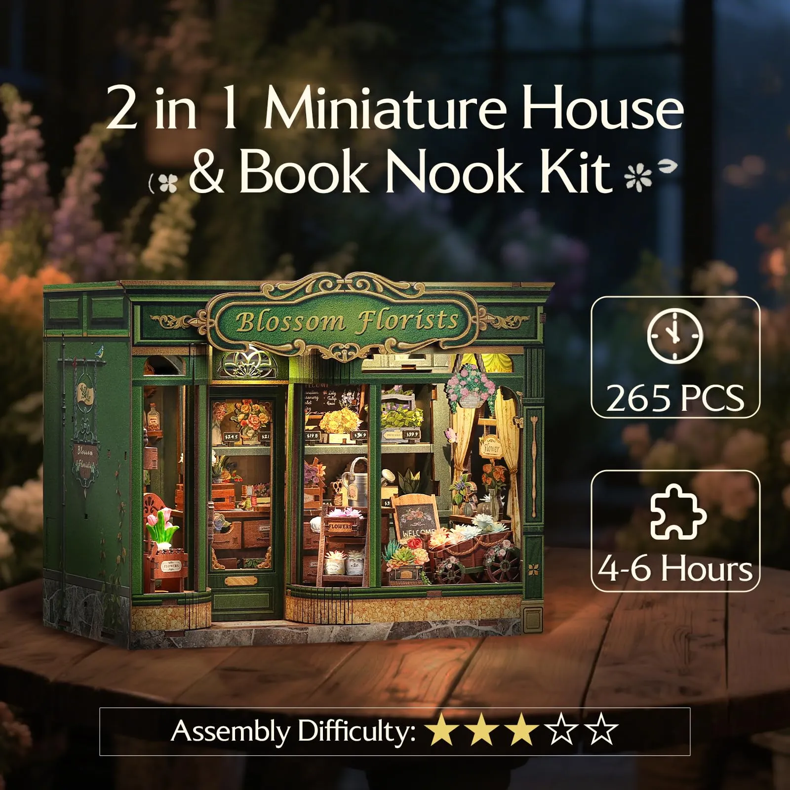 CUTEBEE Blossom Florists Book Nook DIY Miniature House Kit with LED Lights, 3D Wooden Puzzle for Adults, 1:12 Scale - immagine 4