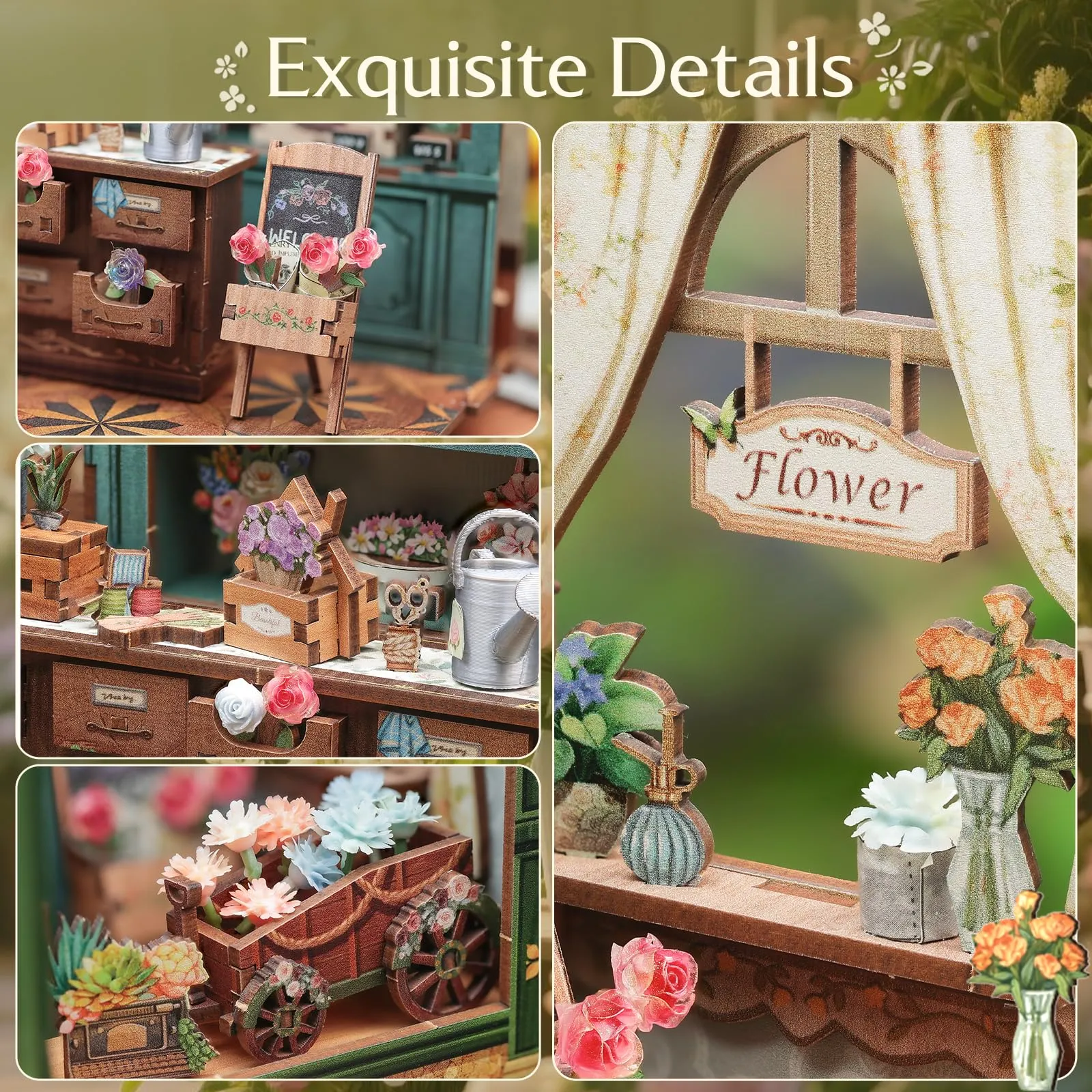 CUTEBEE Blossom Florists Book Nook DIY Miniature House Kit with LED Lights, 3D Wooden Puzzle for Adults, 1:12 Scale - immagine 5
