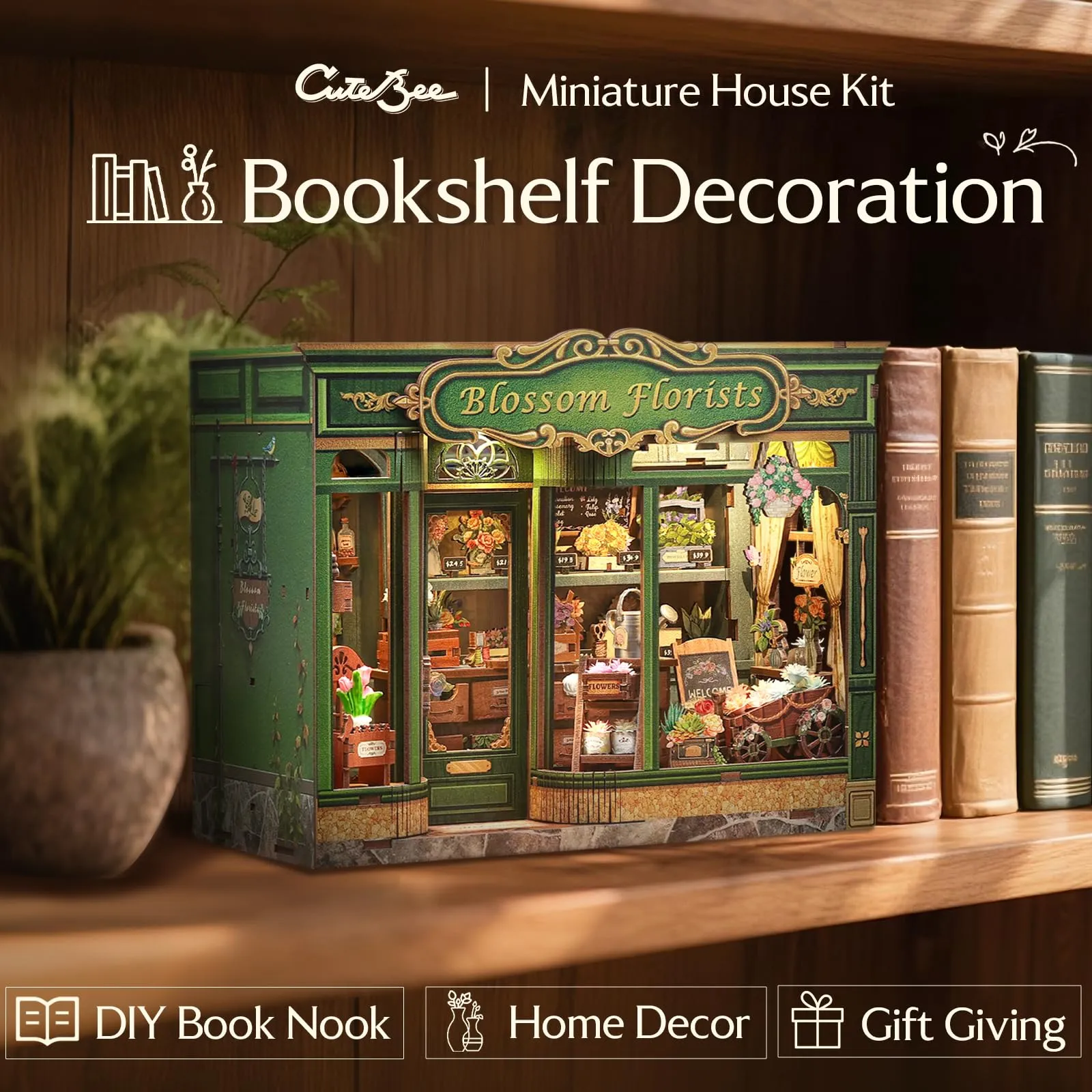 CUTEBEE Blossom Florists Book Nook DIY Miniature House Kit with LED Lights, 3D Wooden Puzzle for Adults, 1:12 Scale - immagine 6