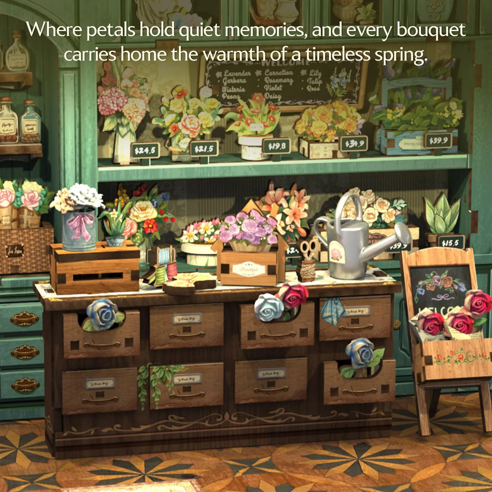 CUTEBEE Blossom Florists Book Nook DIY Miniature House Kit with LED Lights, 3D Wooden Puzzle for Adults, 1:12 Scale - immagine 7