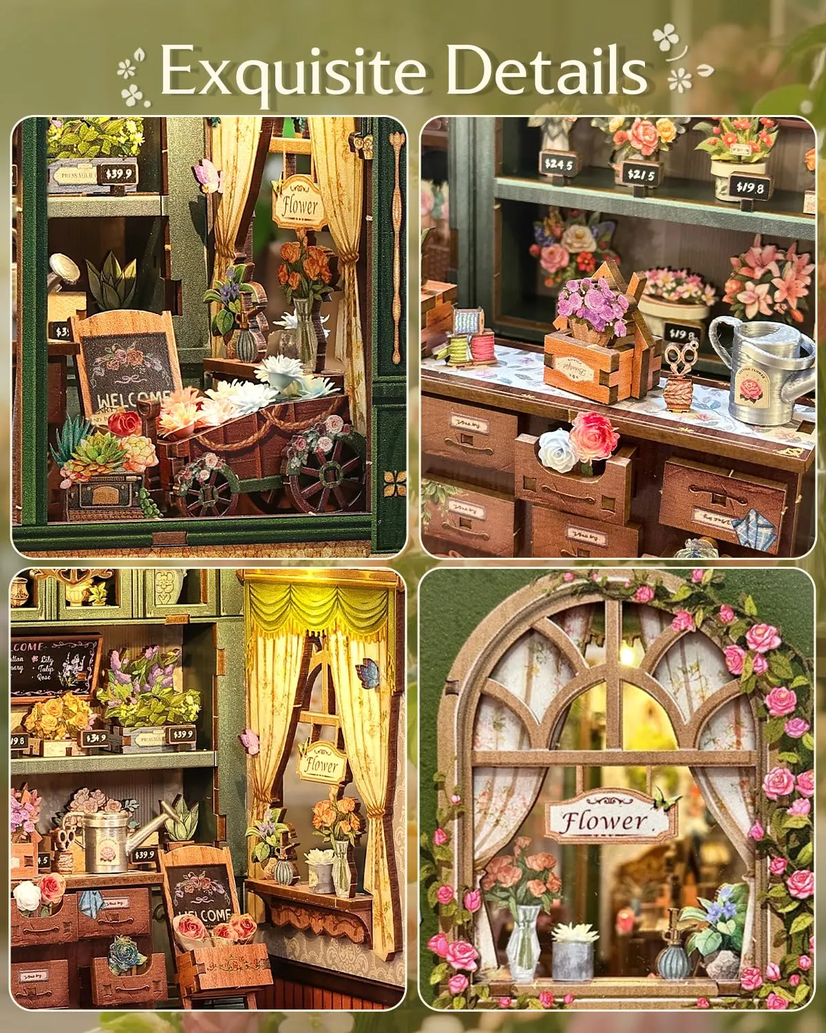CUTEBEE Blossom Florists Book Nook DIY Miniature House Kit with LED Lights, 3D Wooden Puzzle for Adults, 1:12 Scale - immagine 8