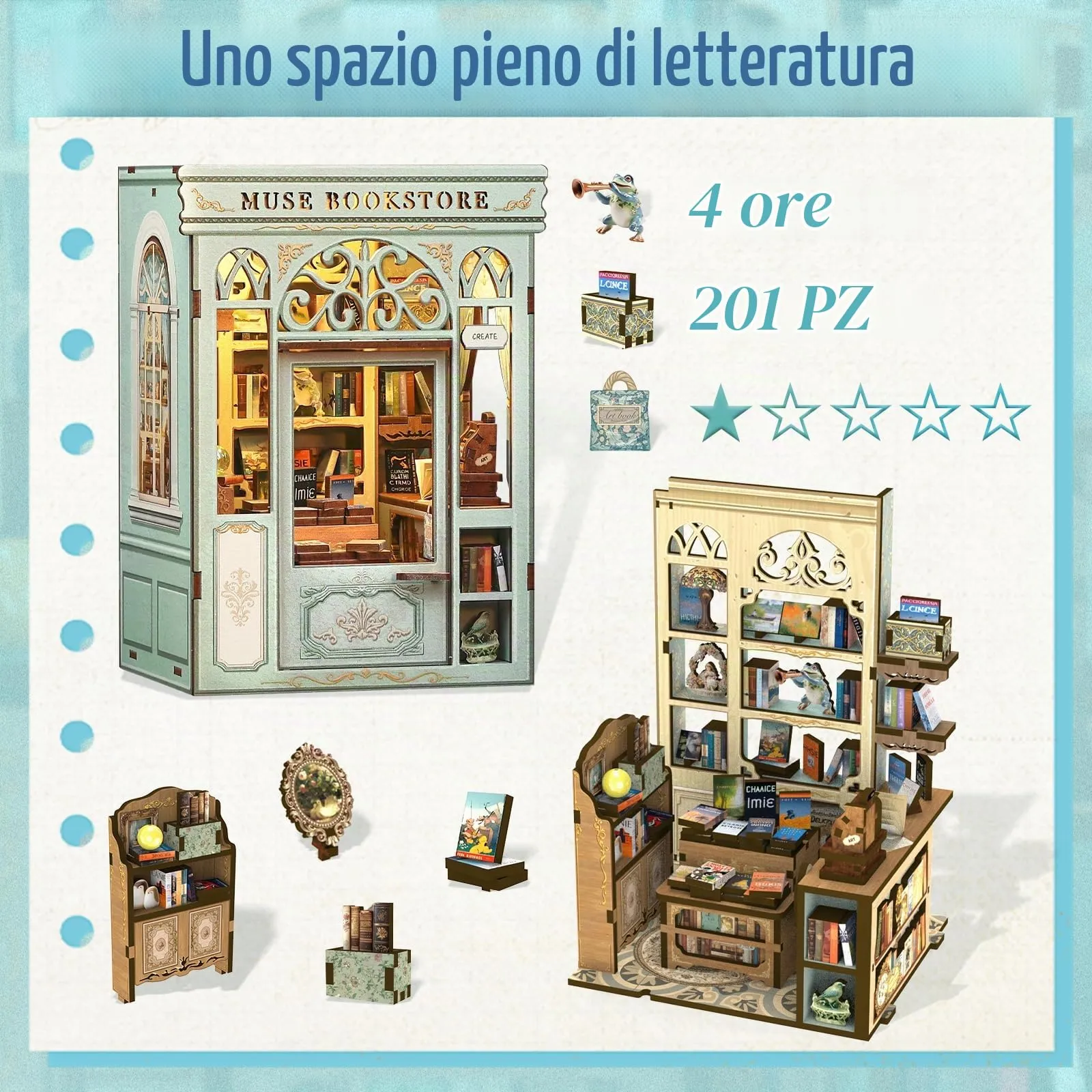 CUTEBEE Book Nook Kit Muse Bookstore Miniature Wooden House BE-SD02 - immagine 6