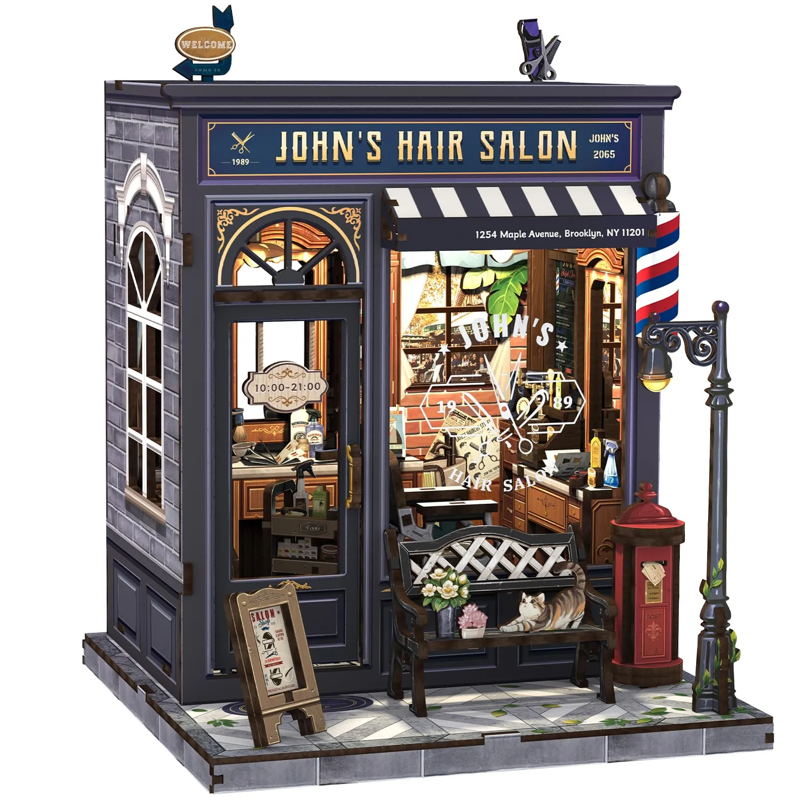 CUTEBEE Book Nook Kit John's Hair Salon, 3D Wooden Puzzle Miniature Dollhouse with LED Light - immagine 1