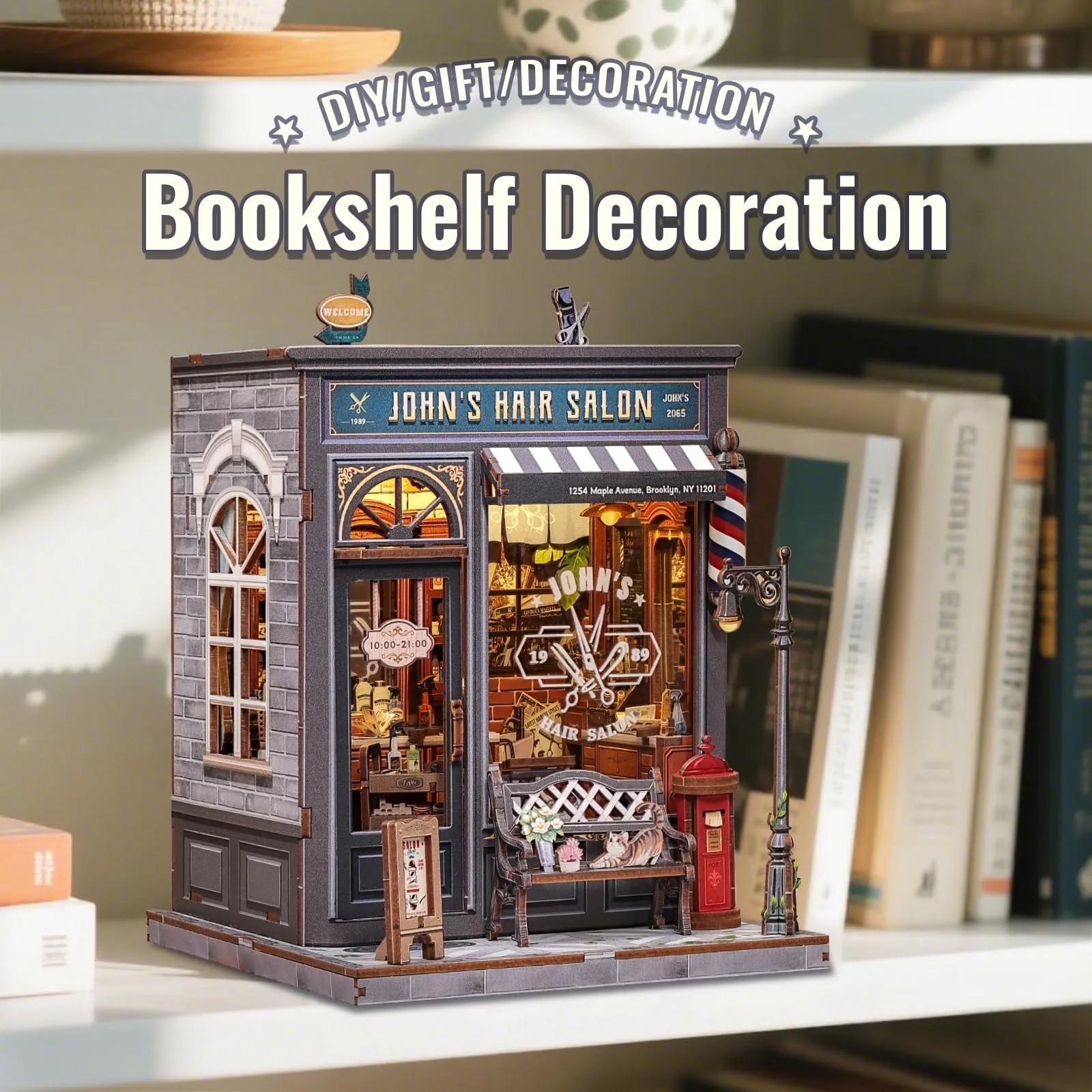 CUTEBEE Book Nook Kit John's Hair Salon, 3D Wooden Puzzle Miniature Dollhouse with LED Light - immagine 3