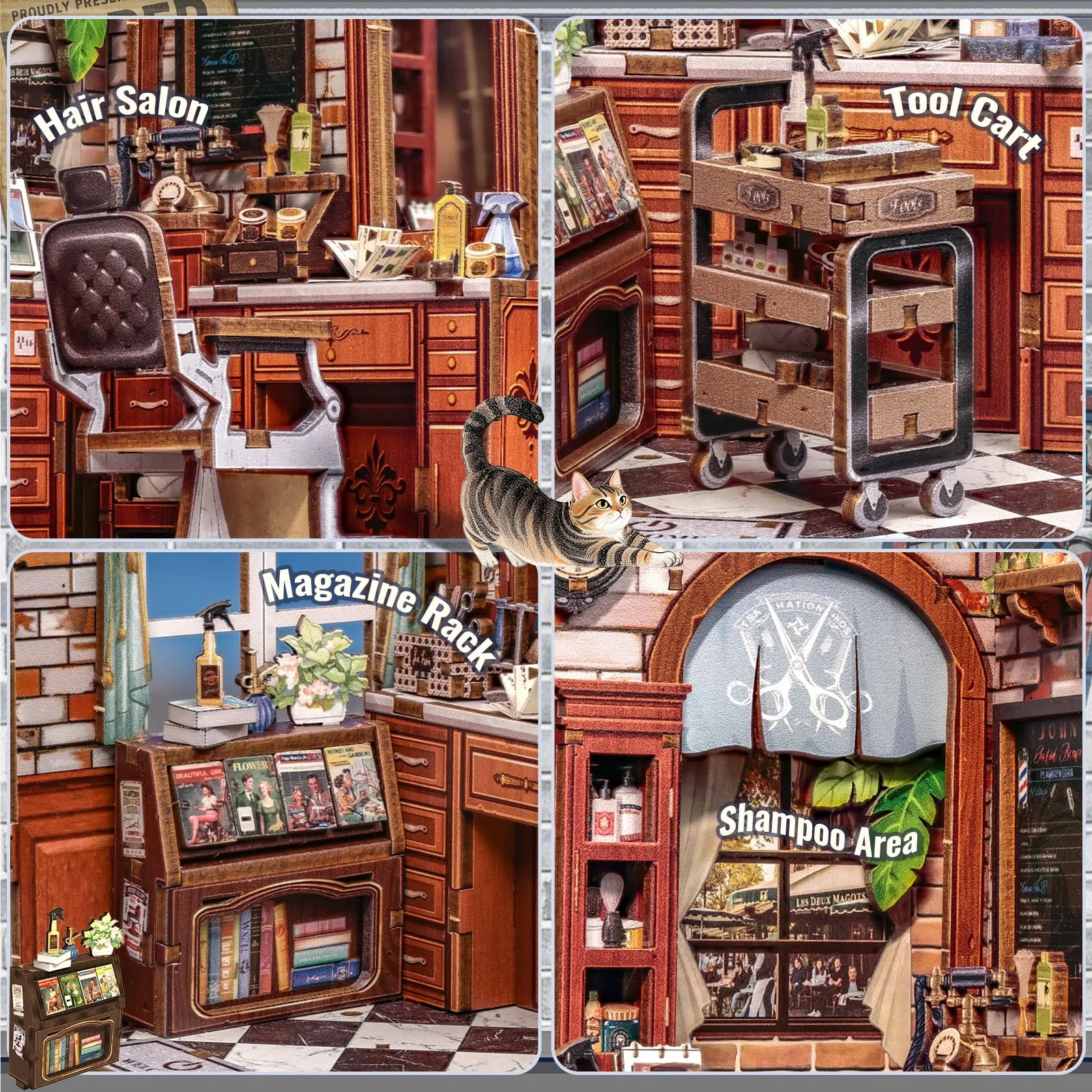 CUTEBEE Book Nook Kit John's Hair Salon, 3D Wooden Puzzle Miniature Dollhouse with LED Light - immagine 5