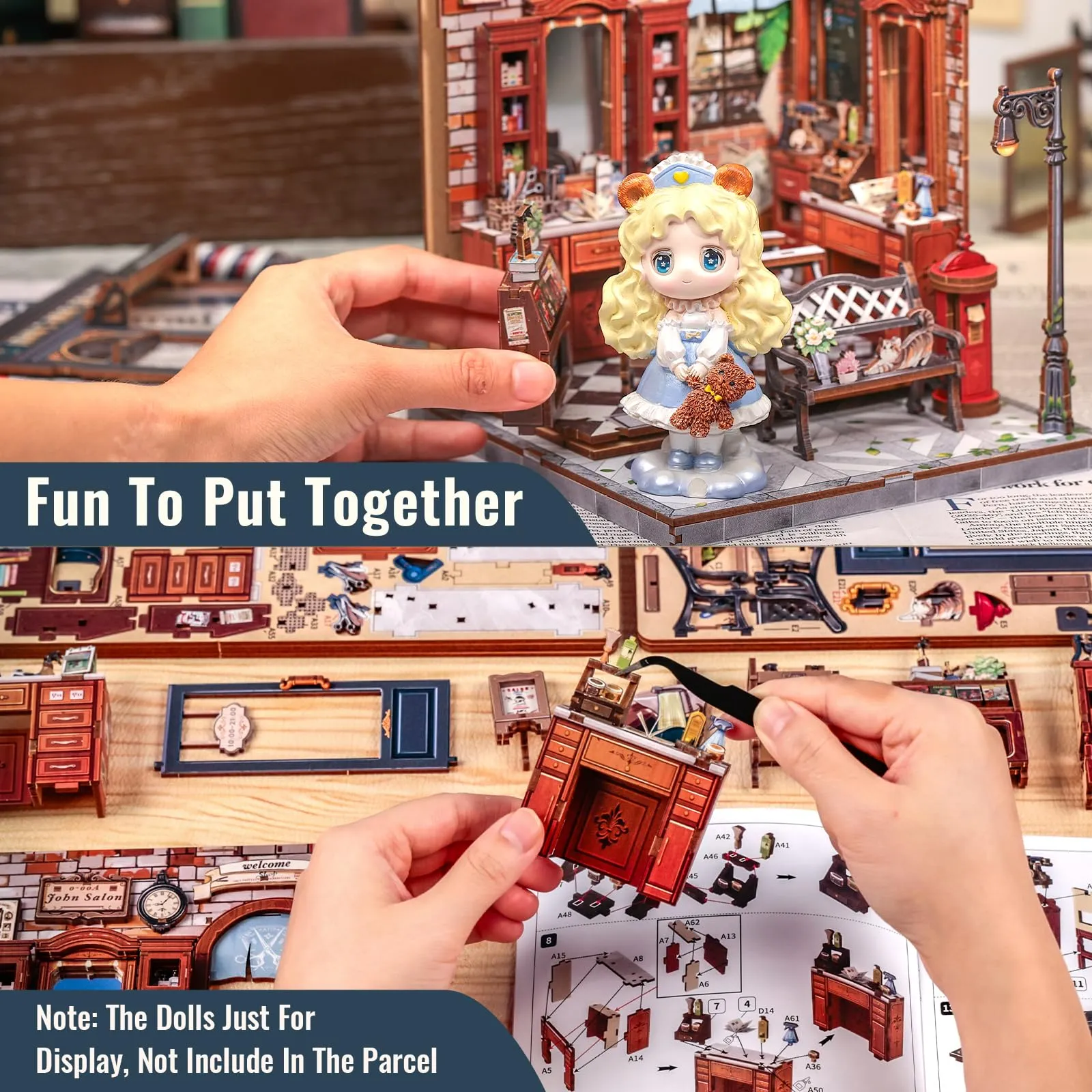 CUTEBEE Book Nook Kit John's Hair Salon, 3D Wooden Puzzle Miniature Dollhouse with LED Light - immagine 6
