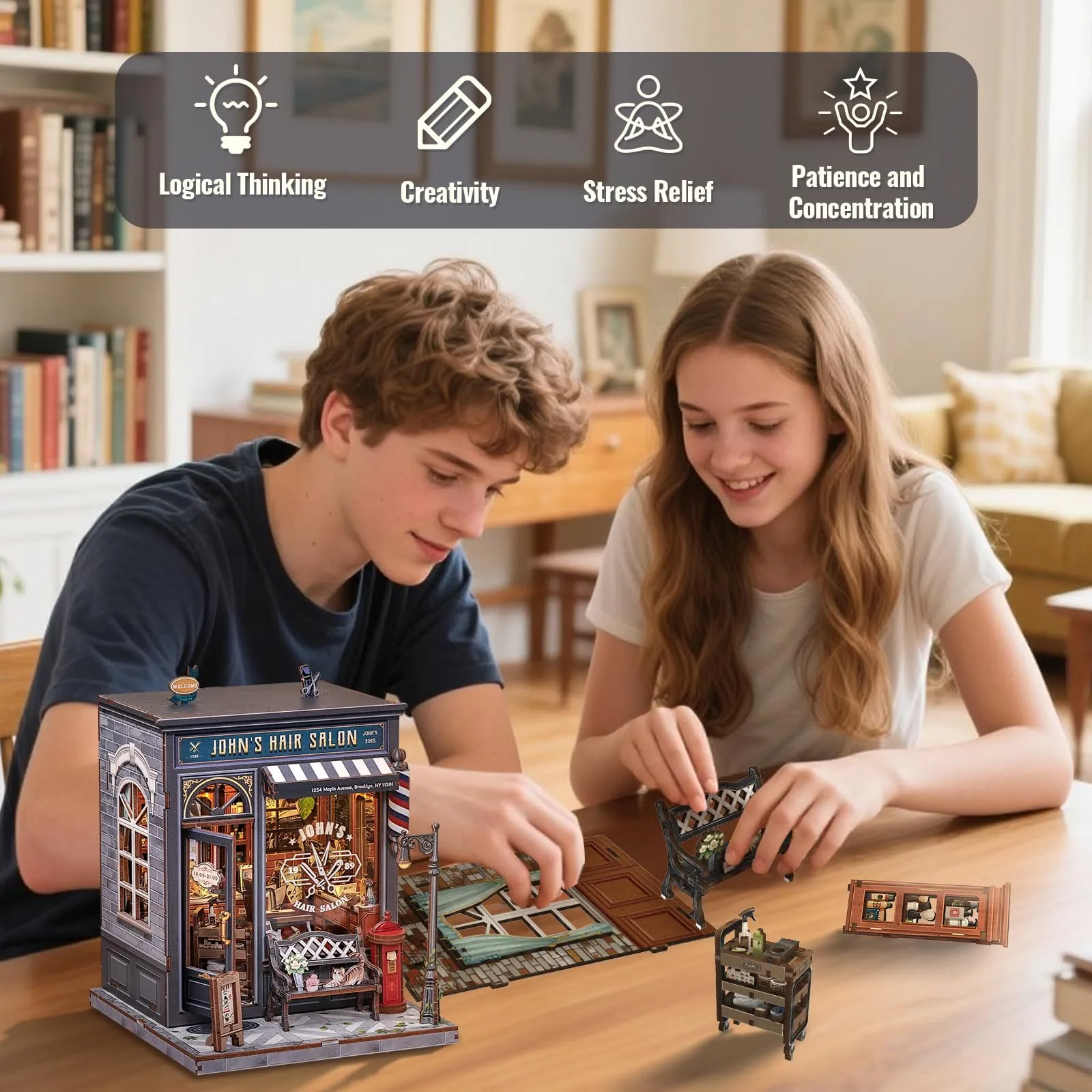 CUTEBEE Book Nook Kit John's Hair Salon, 3D Wooden Puzzle Miniature Dollhouse with LED Light - immagine 7