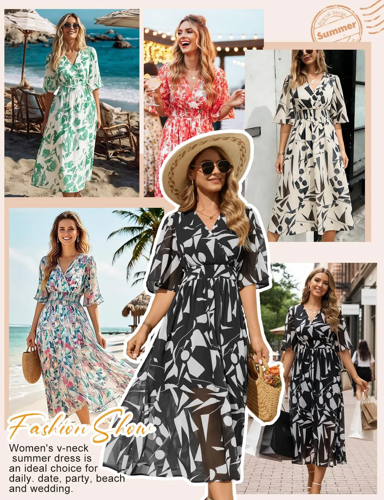 PASUDA Abito Donna Estivo Lungo Elegante Scollo a V Stampa Floreale Manica Corta (Quadrati Neri, M) - immagine 7