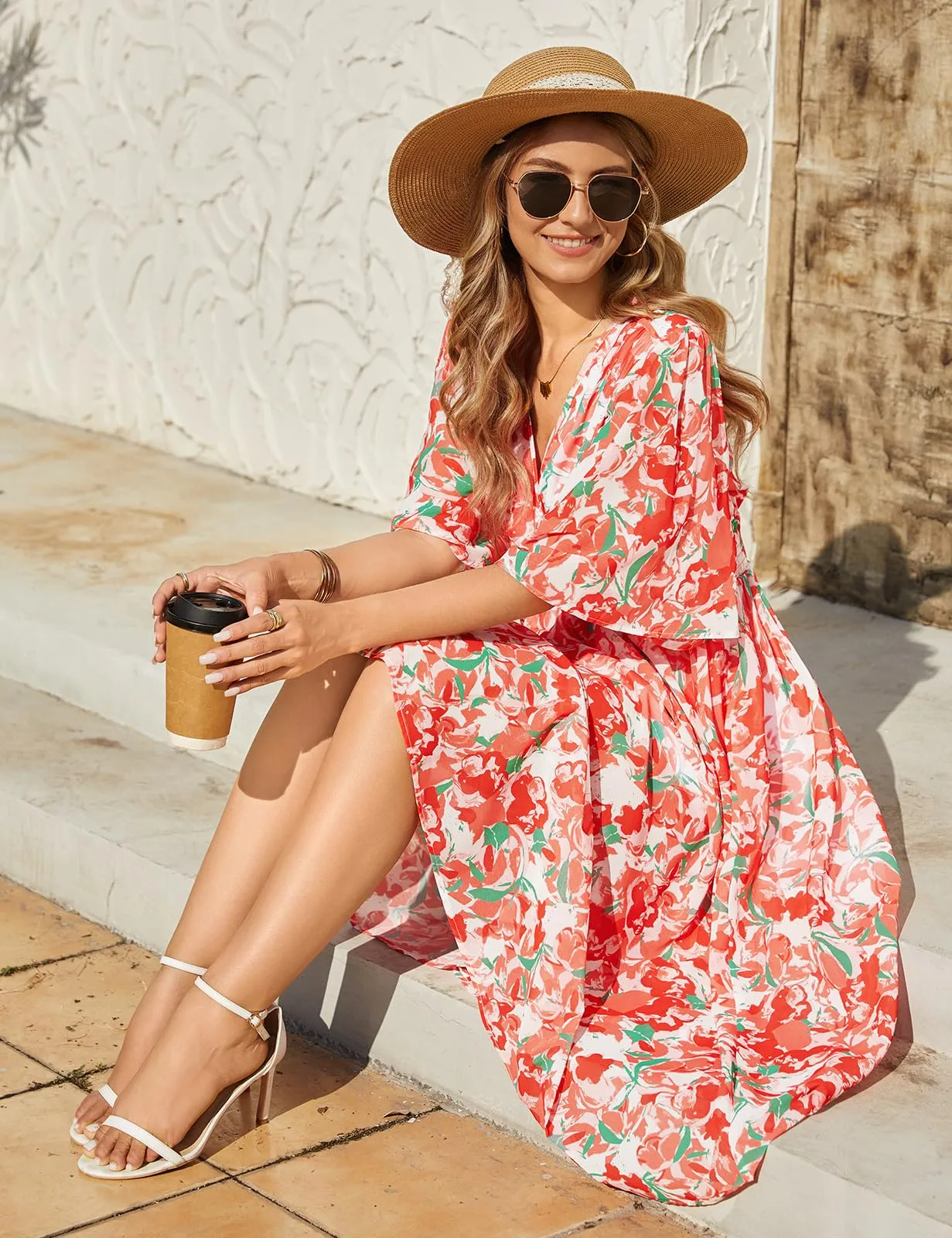 PASUDA Abito Lungo Estivo Donna Scollo a V Stampa Floreale Manica Corta (Fiori Rossi, XL) - immagine 2