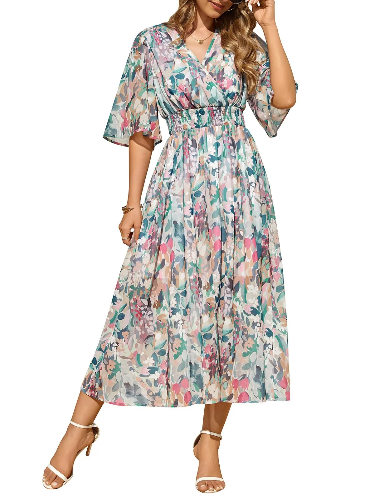PASUDA Abito Lungo Estivo Donna Scollo a V Manica Corta Stampa Floreale, Fiori Colorati, M - immagine 1