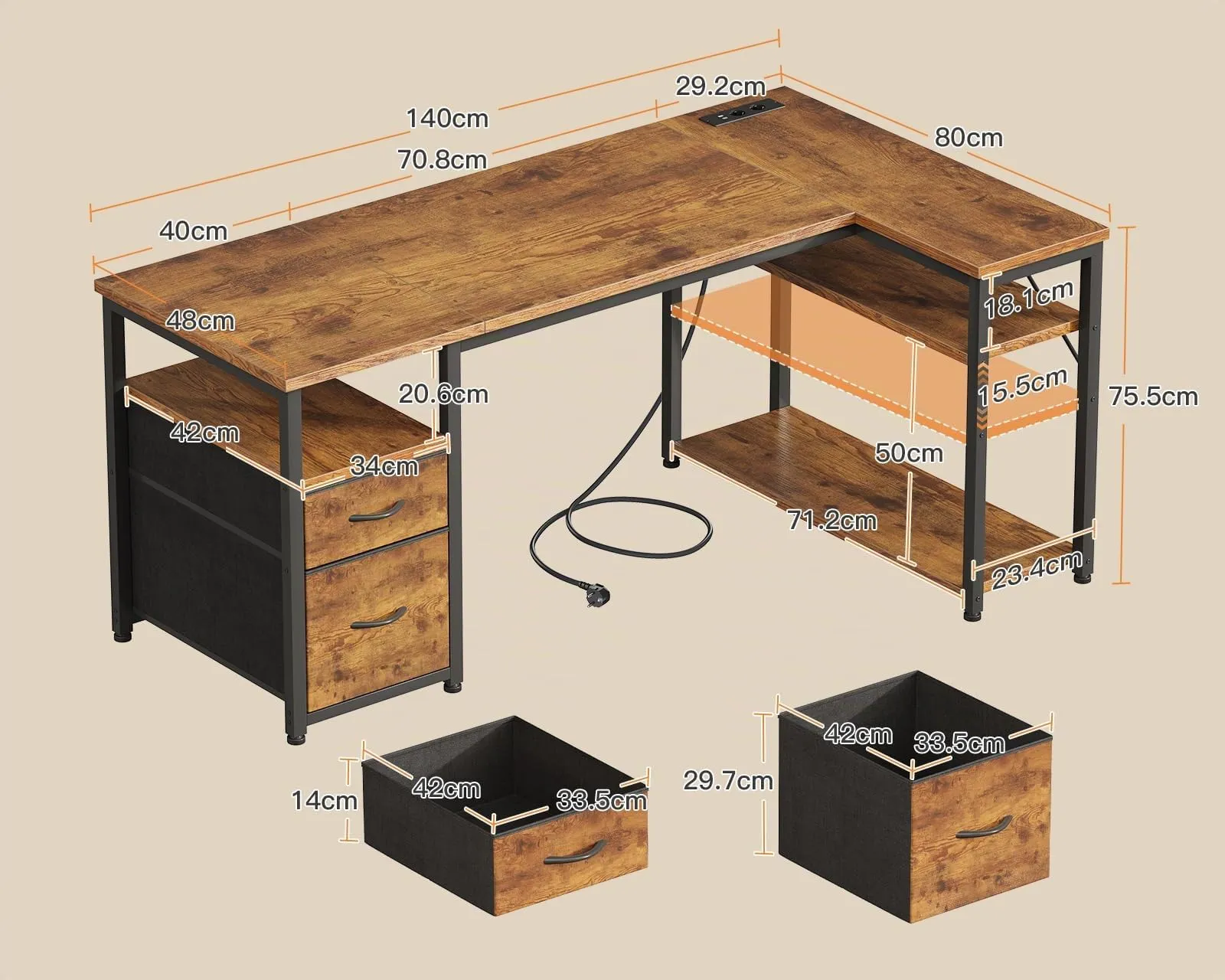Coleshome Scrivania Angolare con USB e Presa 140x80cm - immagine 3