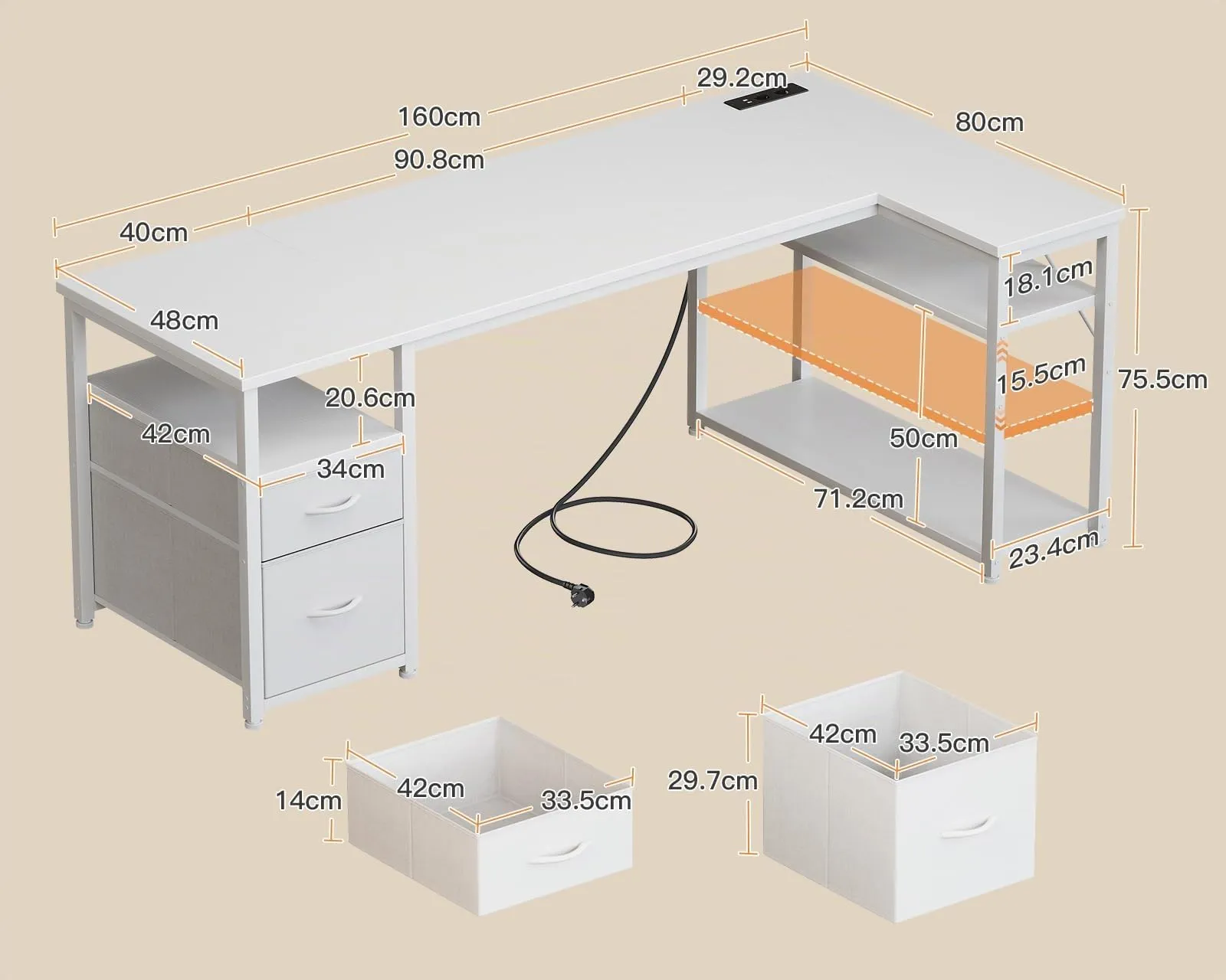 Coleshome Scrivania Angolare con USB e Presa, 160x80cm - immagine 3