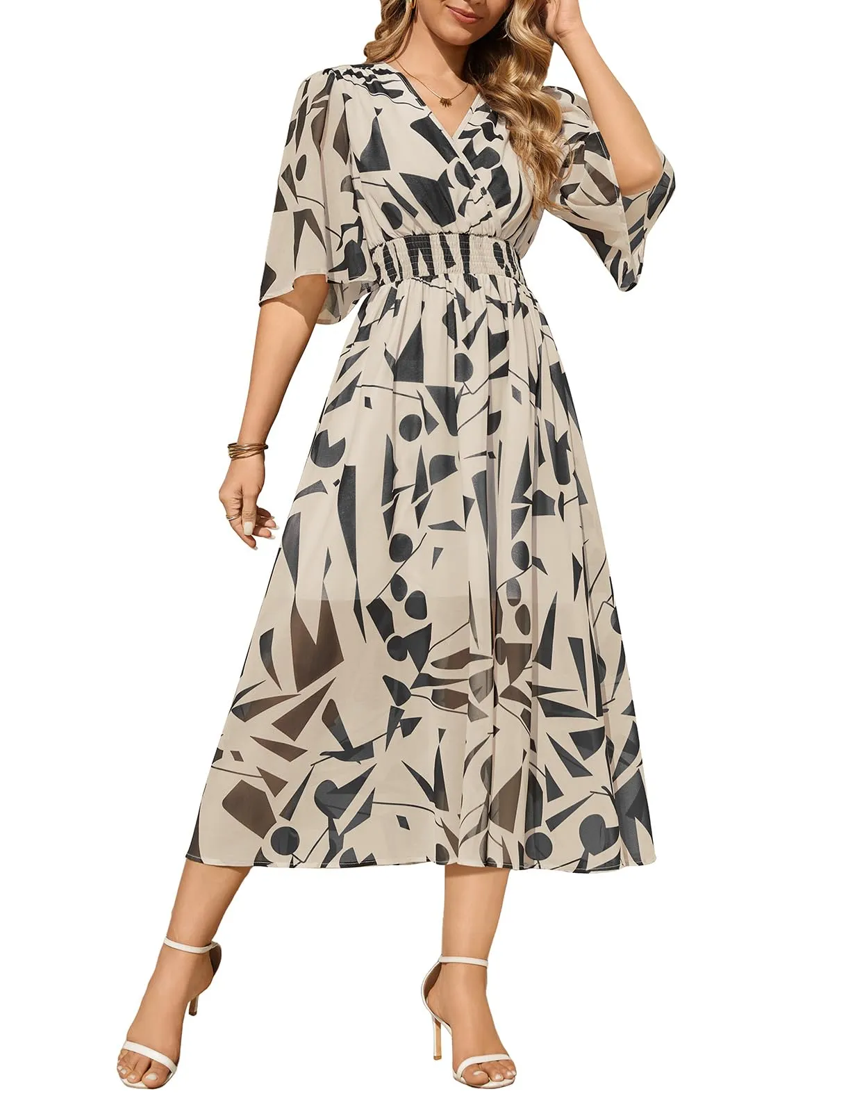 PASUDA Abito Lungo Estivo Donna Scollo a V Stampa Floreale Quadrati Beige, M - immagine 1