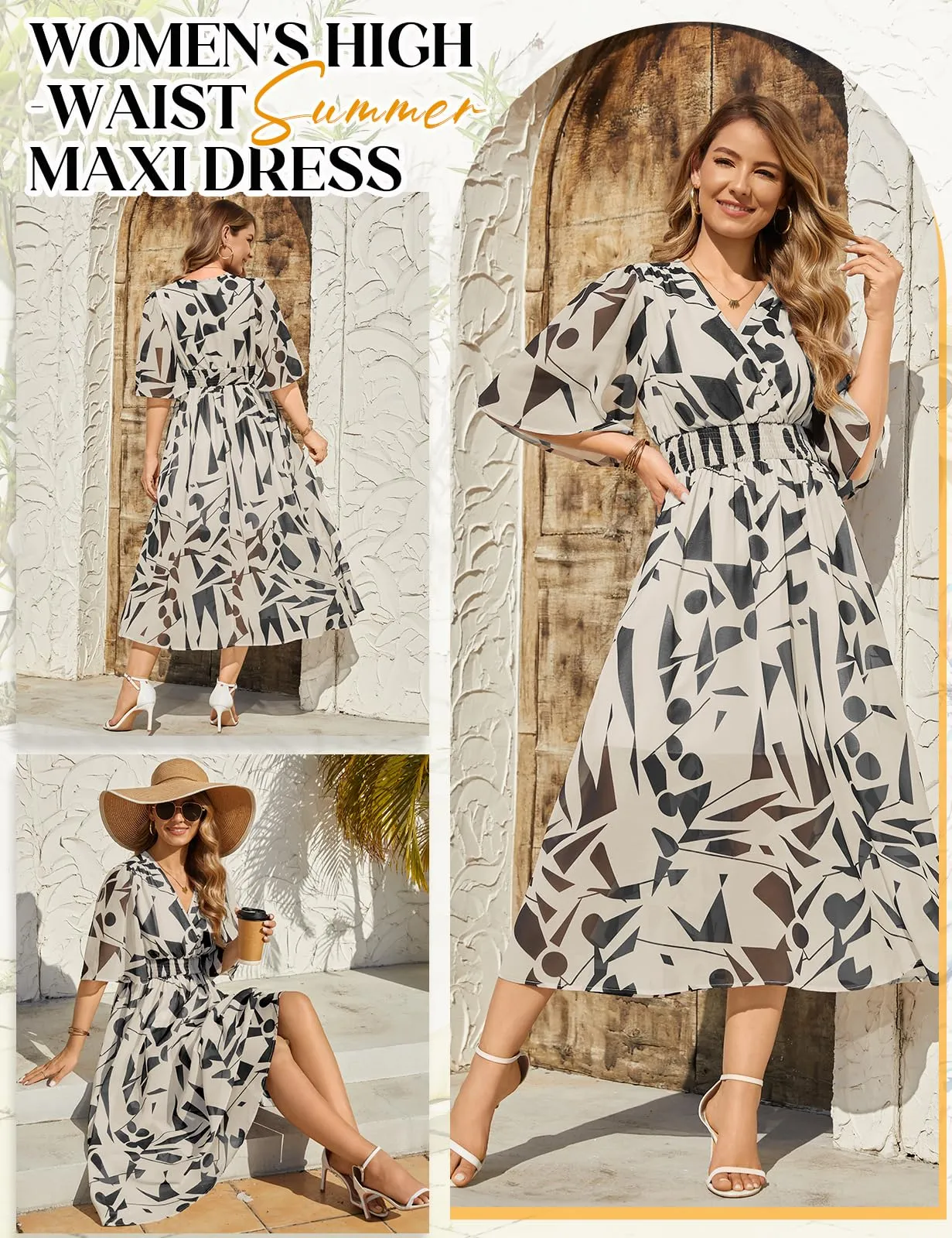 PASUDA Abito Lungo Estivo Donna Scollo a V Stampa Floreale Quadrati Beige, M - immagine 3
