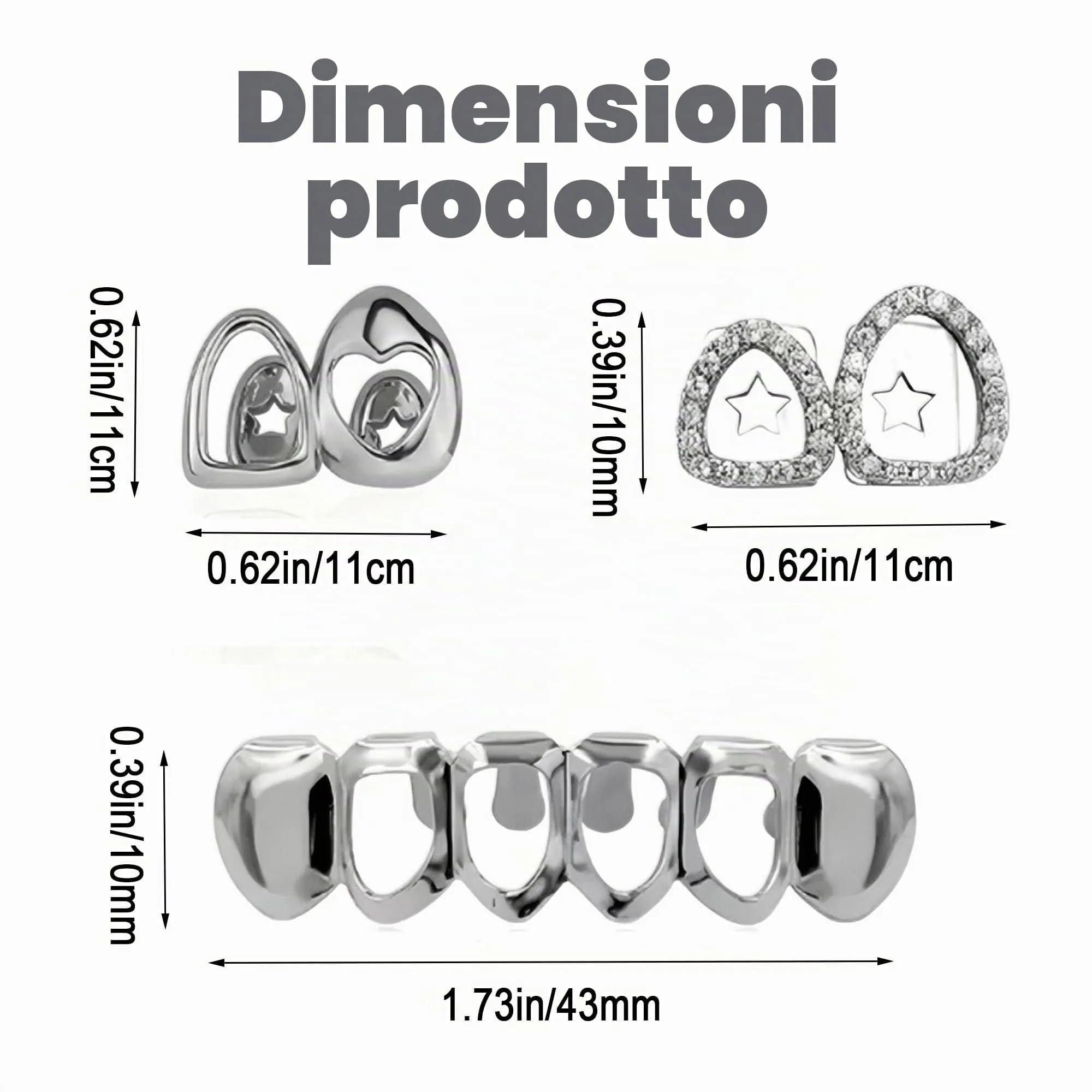 LONGHAO Set di 2 Grillz per Denti Hip Hop con Stampi in Silicone, Metallo, Argento - immagine 2