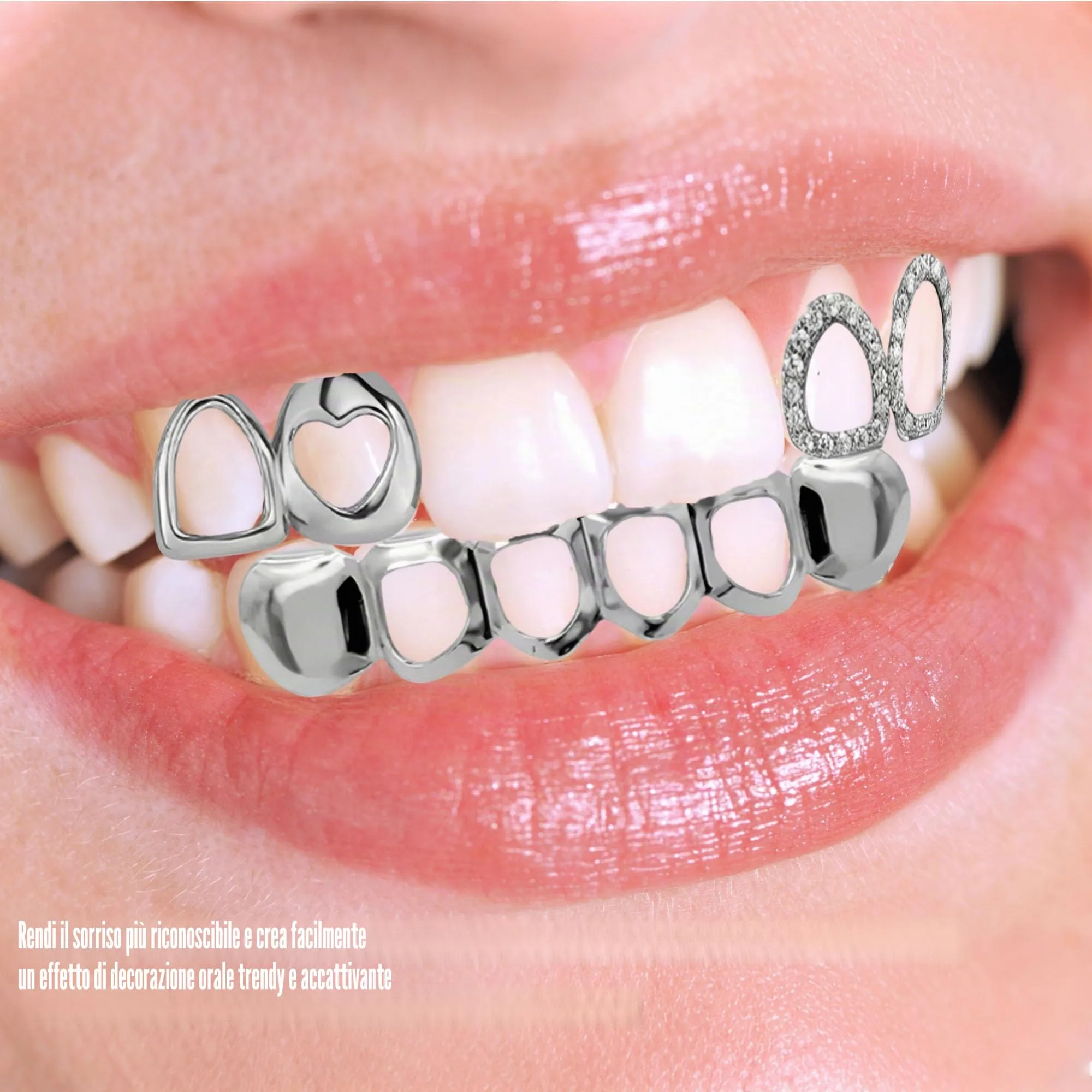 LONGHAO Set di 2 Grillz per Denti Hip Hop con Stampi in Silicone, Metallo, Argento - immagine 3