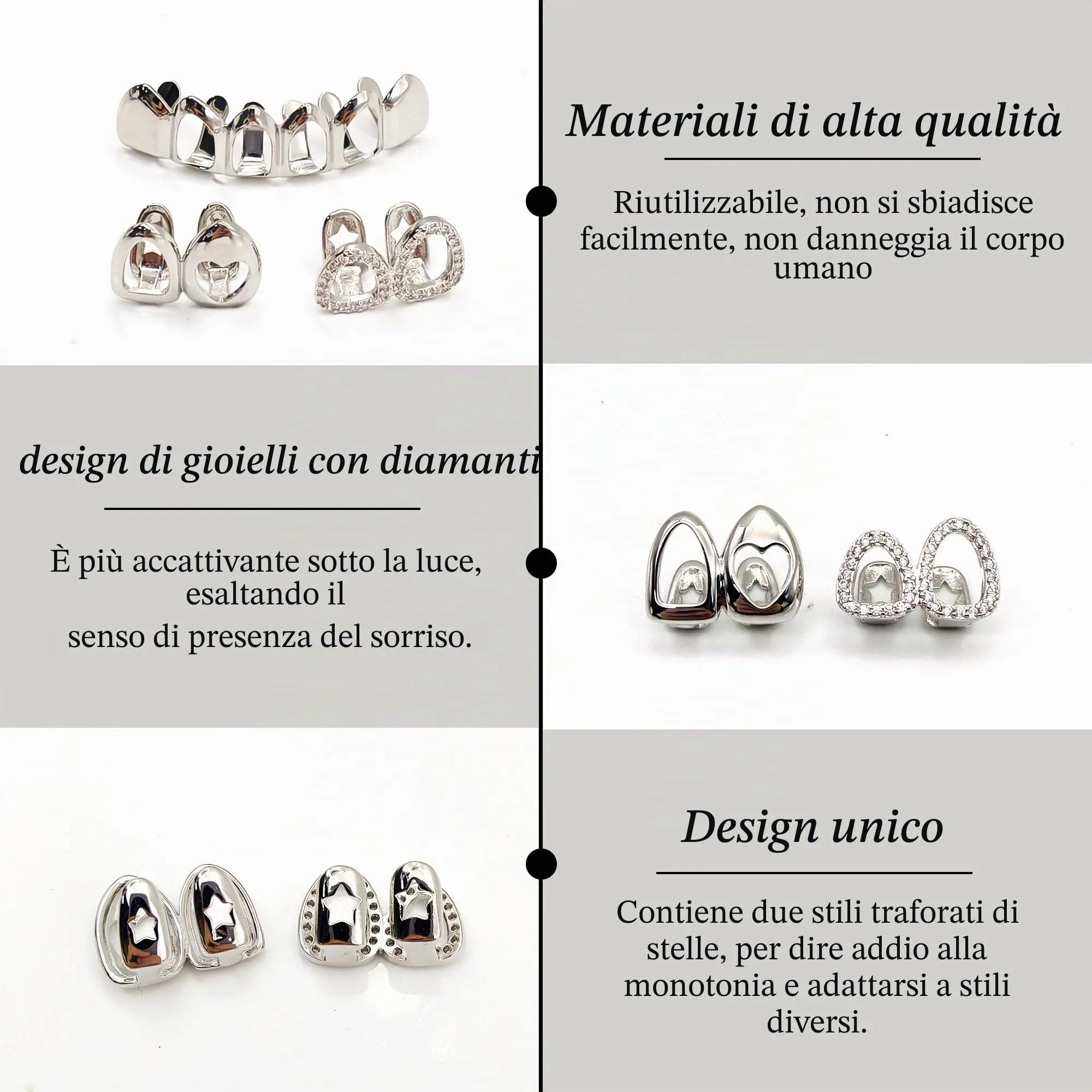LONGHAO Set di 2 Grillz per Denti Hip Hop con Stampi in Silicone, Metallo, Argento - immagine 4