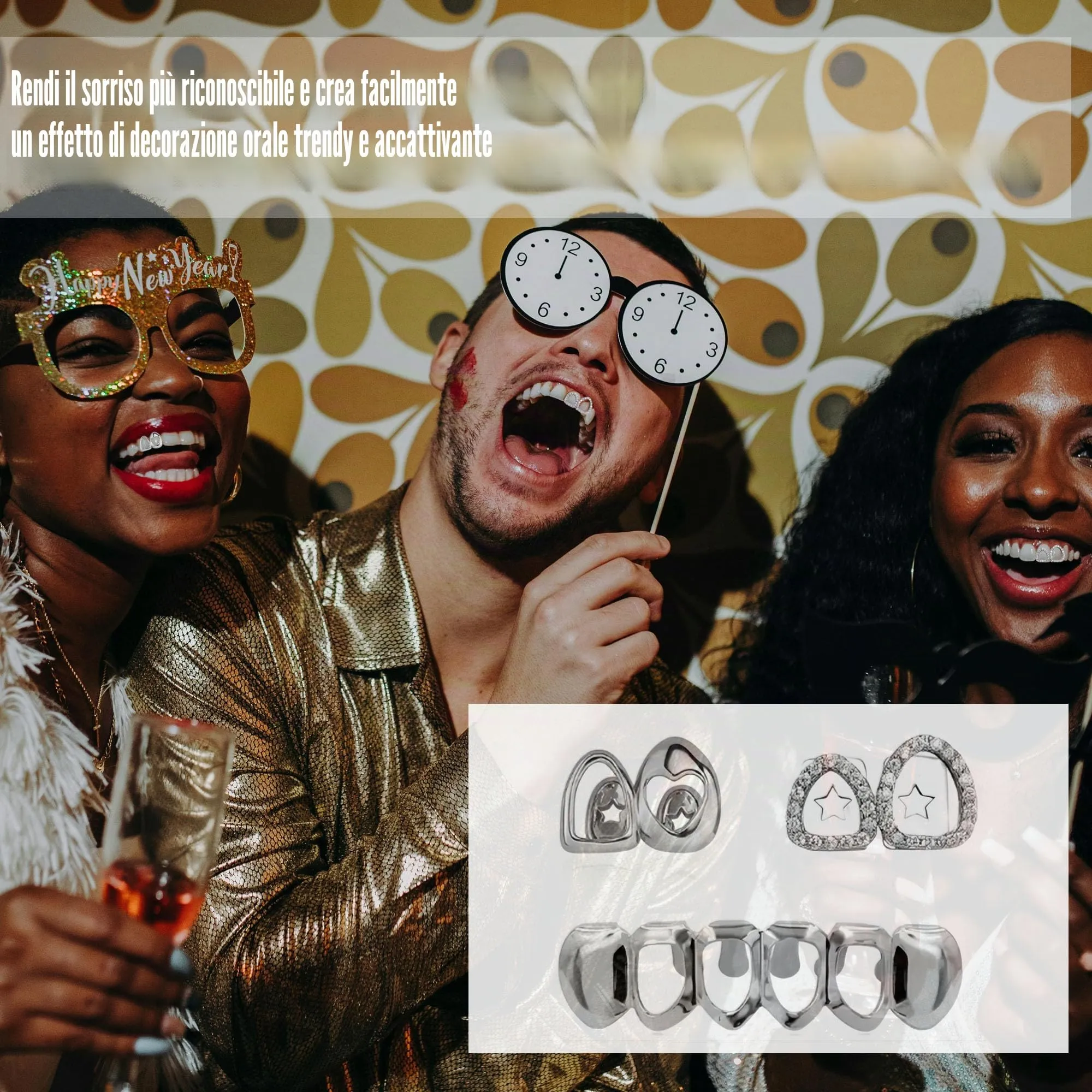 LONGHAO Set di 2 Grillz per Denti Hip Hop con Stampi in Silicone, Metallo, Argento - immagine 5