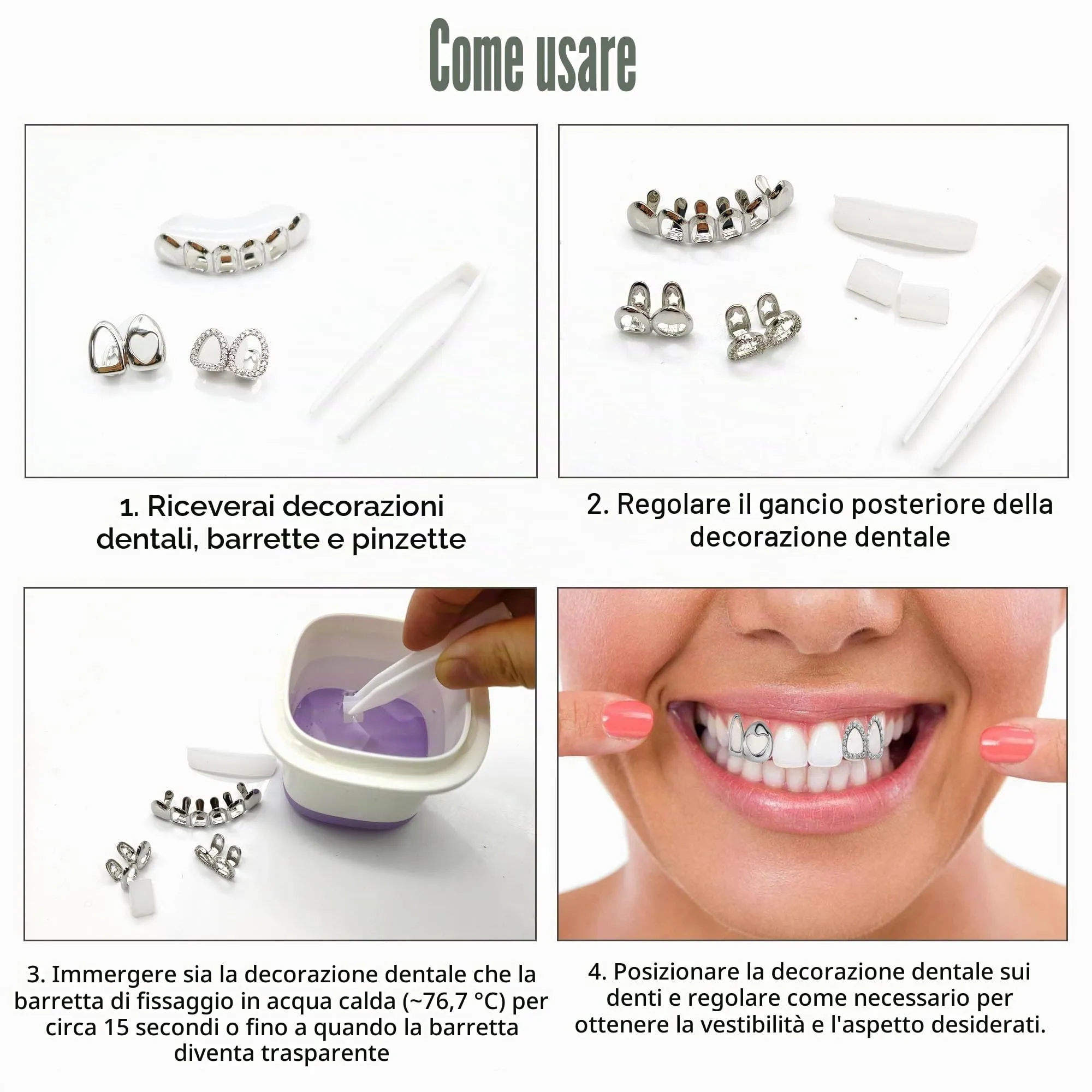 LONGHAO Set di 2 Grillz per Denti Hip Hop con Stampi in Silicone, Metallo, Argento - immagine 8