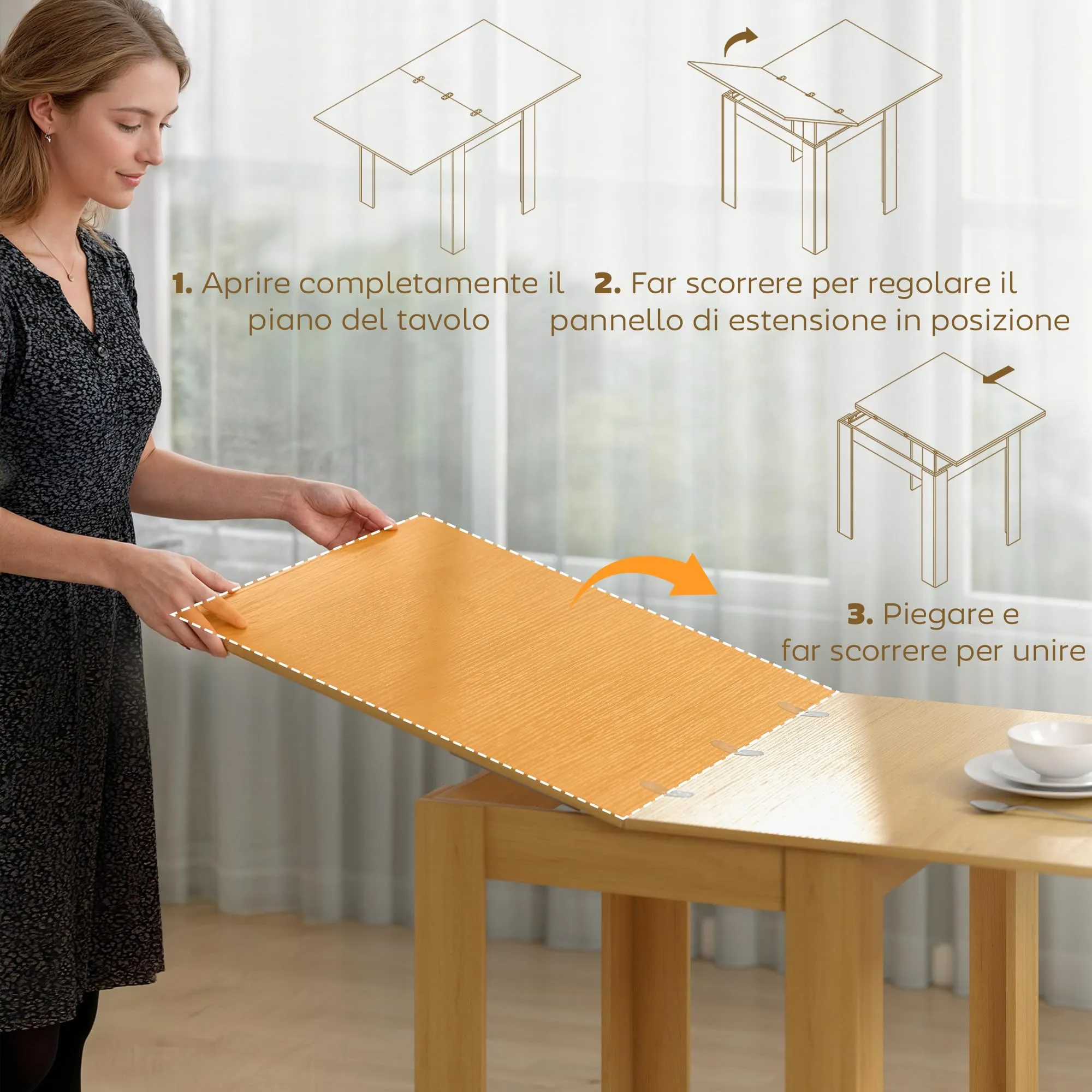 HOMCOM Tavolo da Pranzo Allungabile 70-140cm Effetto Legno Naturale - immagine 4