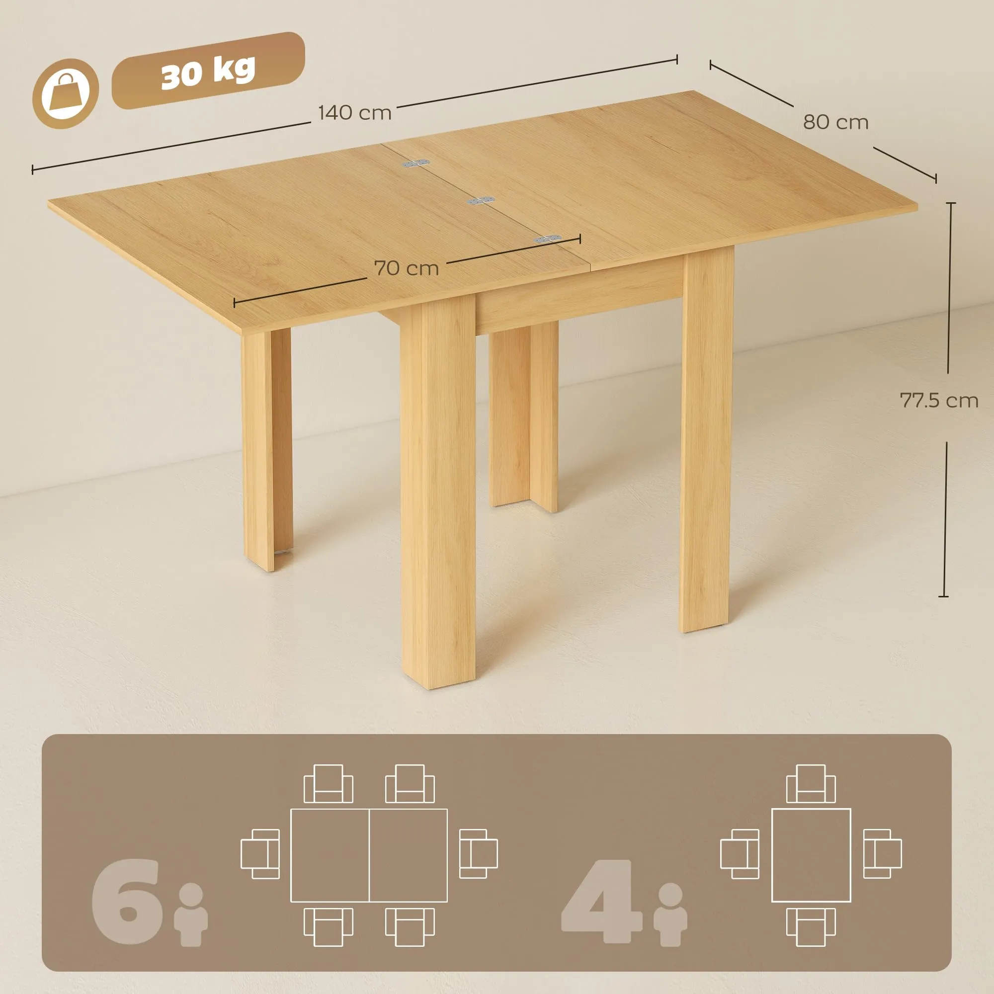 HOMCOM Tavolo da Pranzo Allungabile 70-140cm Effetto Legno Naturale - immagine 6