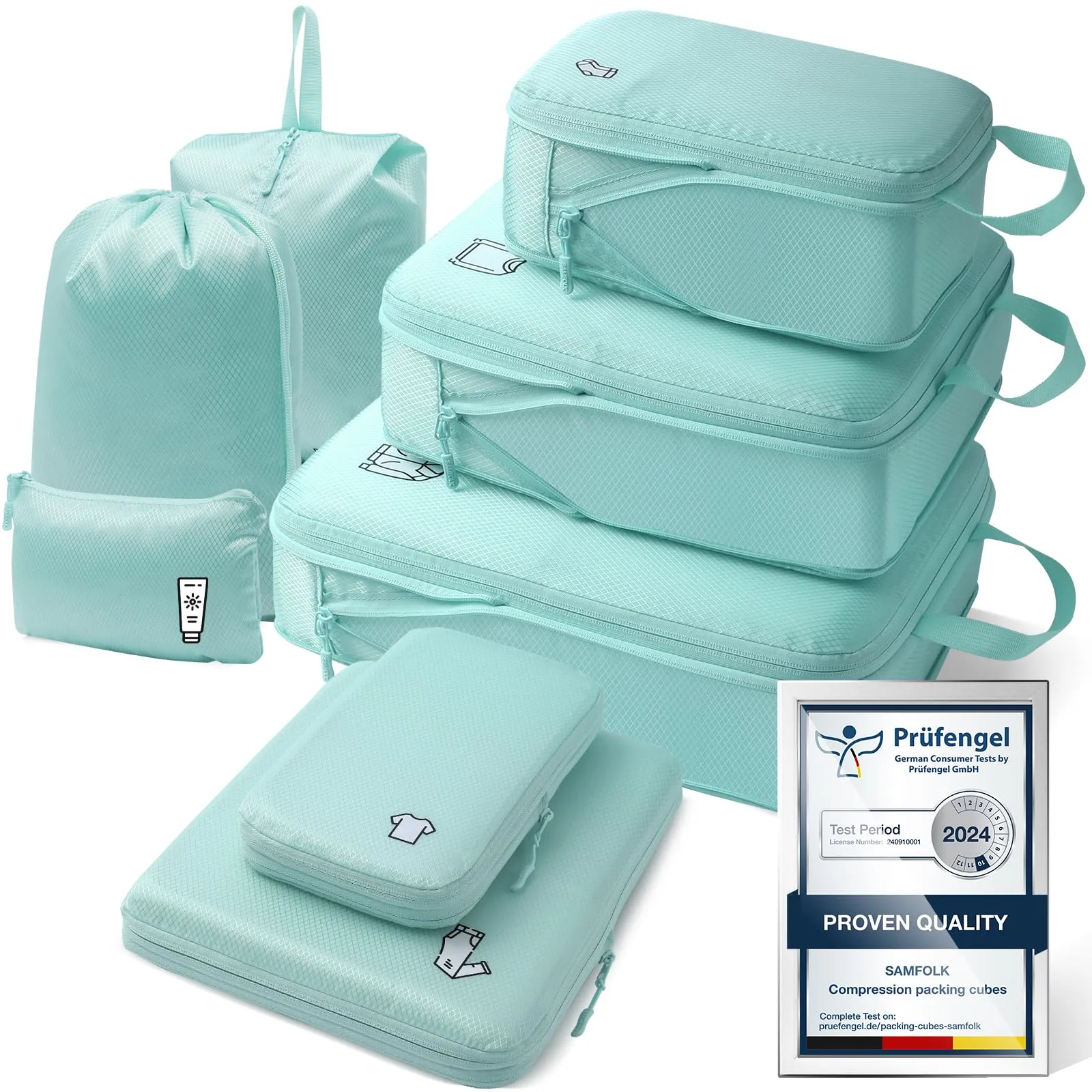 Samfolk Packing Cubes, Set di 8 organizer per valigie a compressione, impermeabili, blu lago - immagine 1