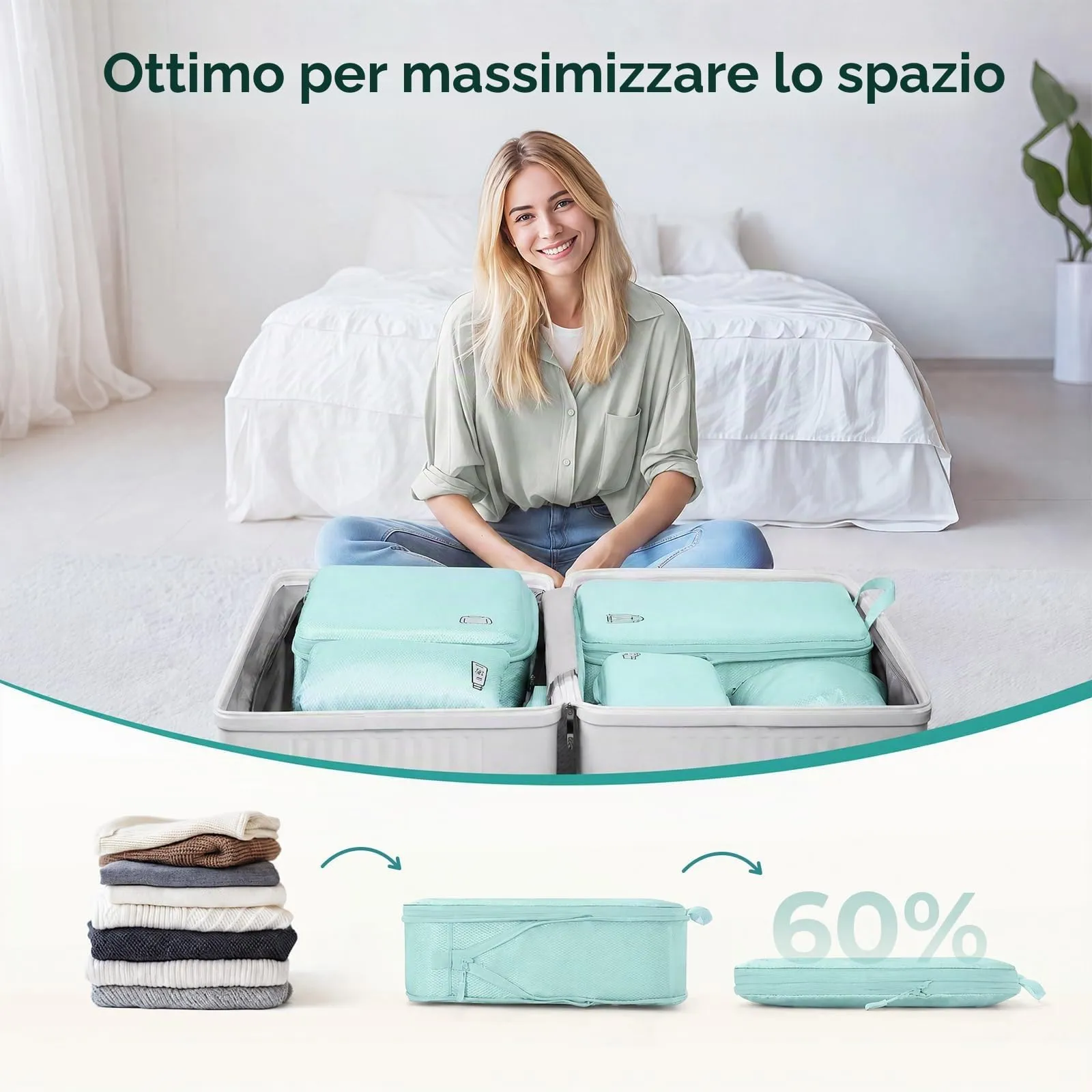 Samfolk Packing Cubes, Set di 8 organizer per valigie a compressione, impermeabili, blu lago - immagine 2