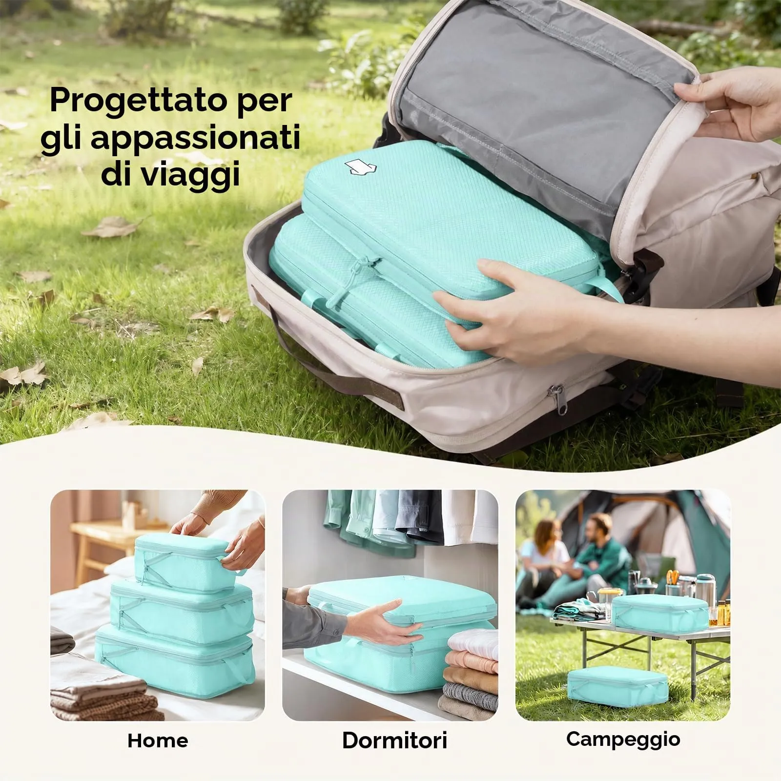 Samfolk Packing Cubes, Set di 8 organizer per valigie a compressione, impermeabili, blu lago - immagine 7