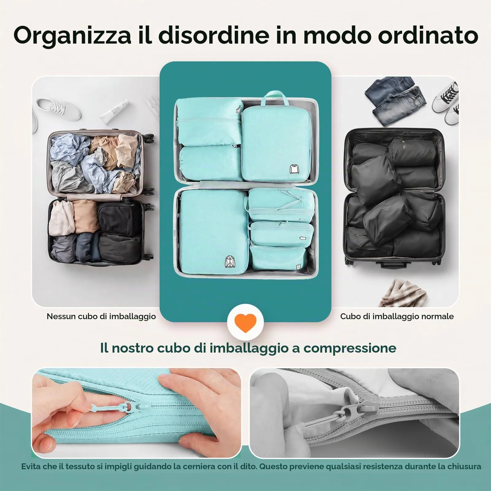 Samfolk Packing Cubes, Set di 8 organizer per valigie a compressione, impermeabili, blu lago - immagine 8