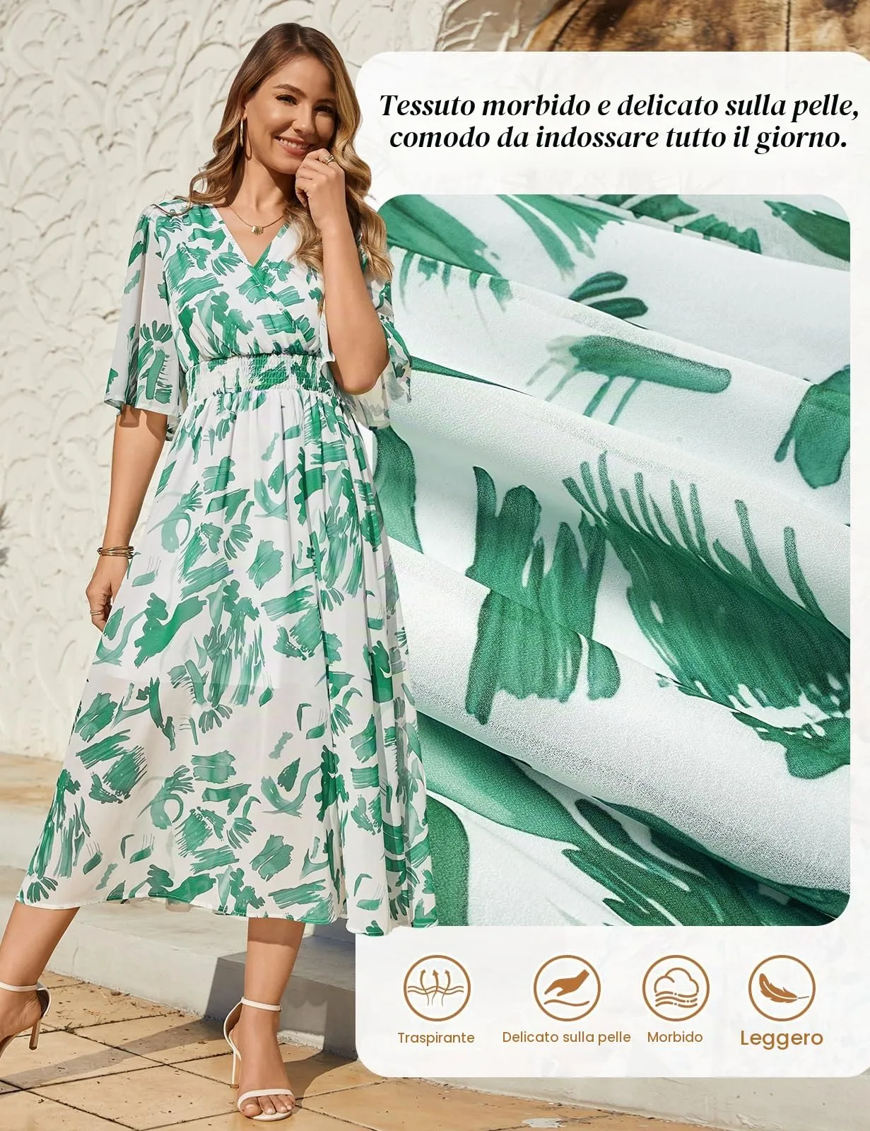 PASUDA Abito Donna Estivo Lungo Scollo a V Manica Corta Stampa Floreale Quadrati Verdi, L - immagine 5