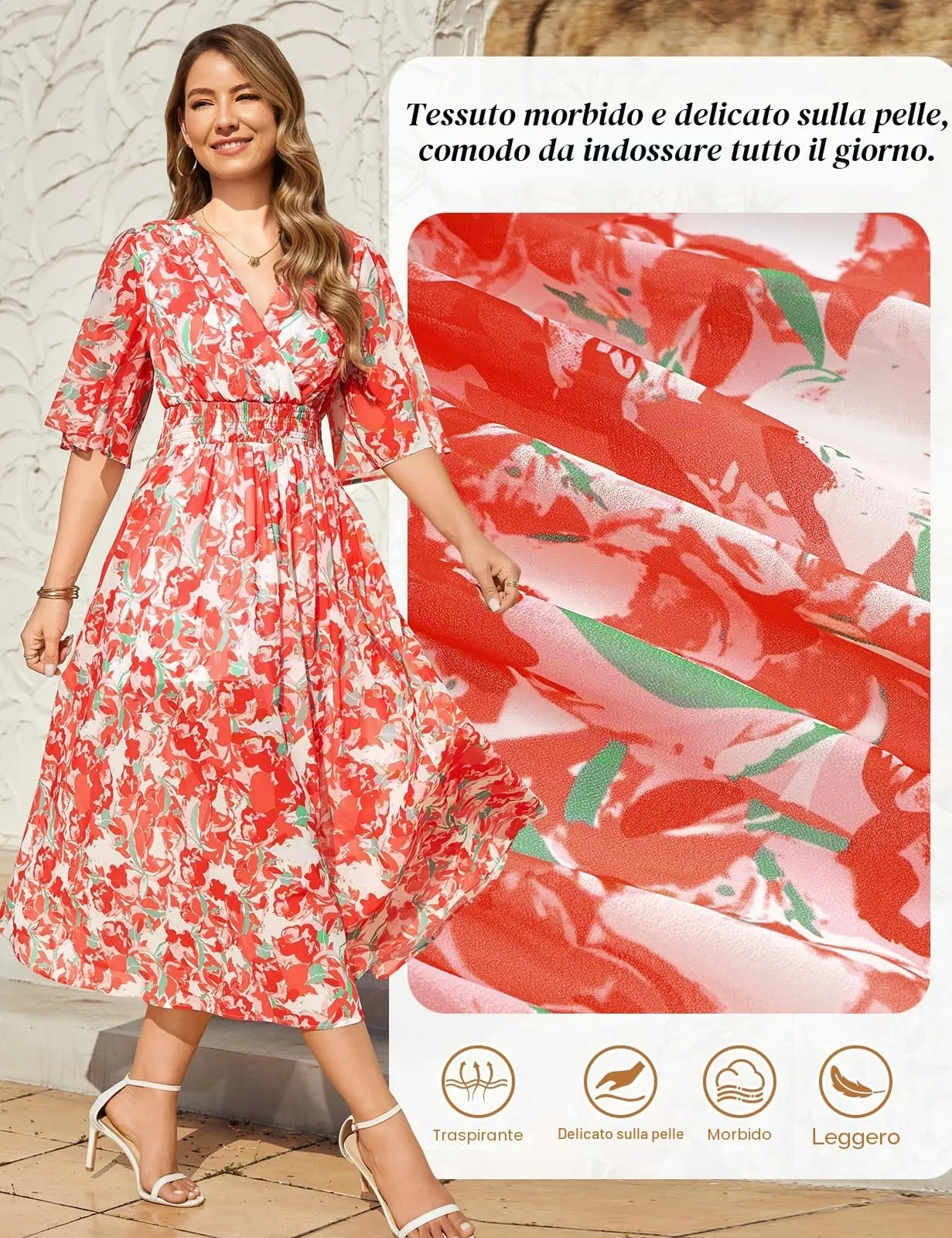 PASUDA Abito Lungo Estivo Donna Scollo a V Stampa Floreale Manica Corta (Fiori Rossi, M) - immagine 5